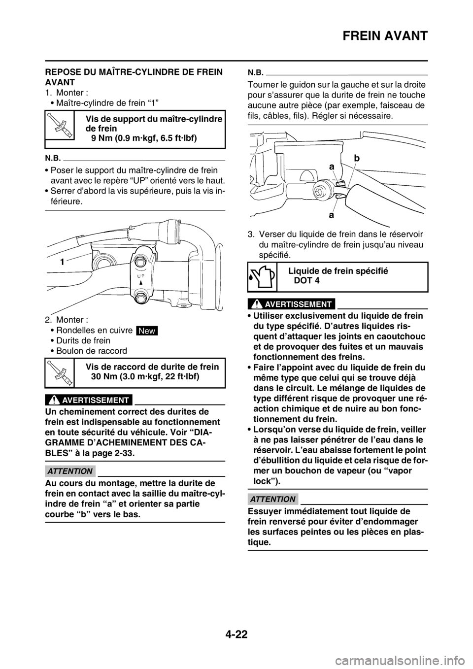 YAMAHA YZ250F 2016 Notices Demploi (in French) FREIN AVANT
4-22
FAS1SM5148REPOSE DU MAÎTRE-CYLINDRE DE FREIN
AVANT
1. Monter :
• Maître-cylindre de frein “1”
N.B.
• Poser le support du maître-cylindre de frein
avant avec le repère YAMAHA YZ250F 2016 Notices Demploi (in French) FREIN AVANT
4-22
FAS1SM5148REPOSE DU MAÎTRE-CYLINDRE DE FREIN
AVANT
1. Monter :
• Maître-cylindre de frein “1”
N.B.
• Poser le support du maître-cylindre de frein
avant avec le repère