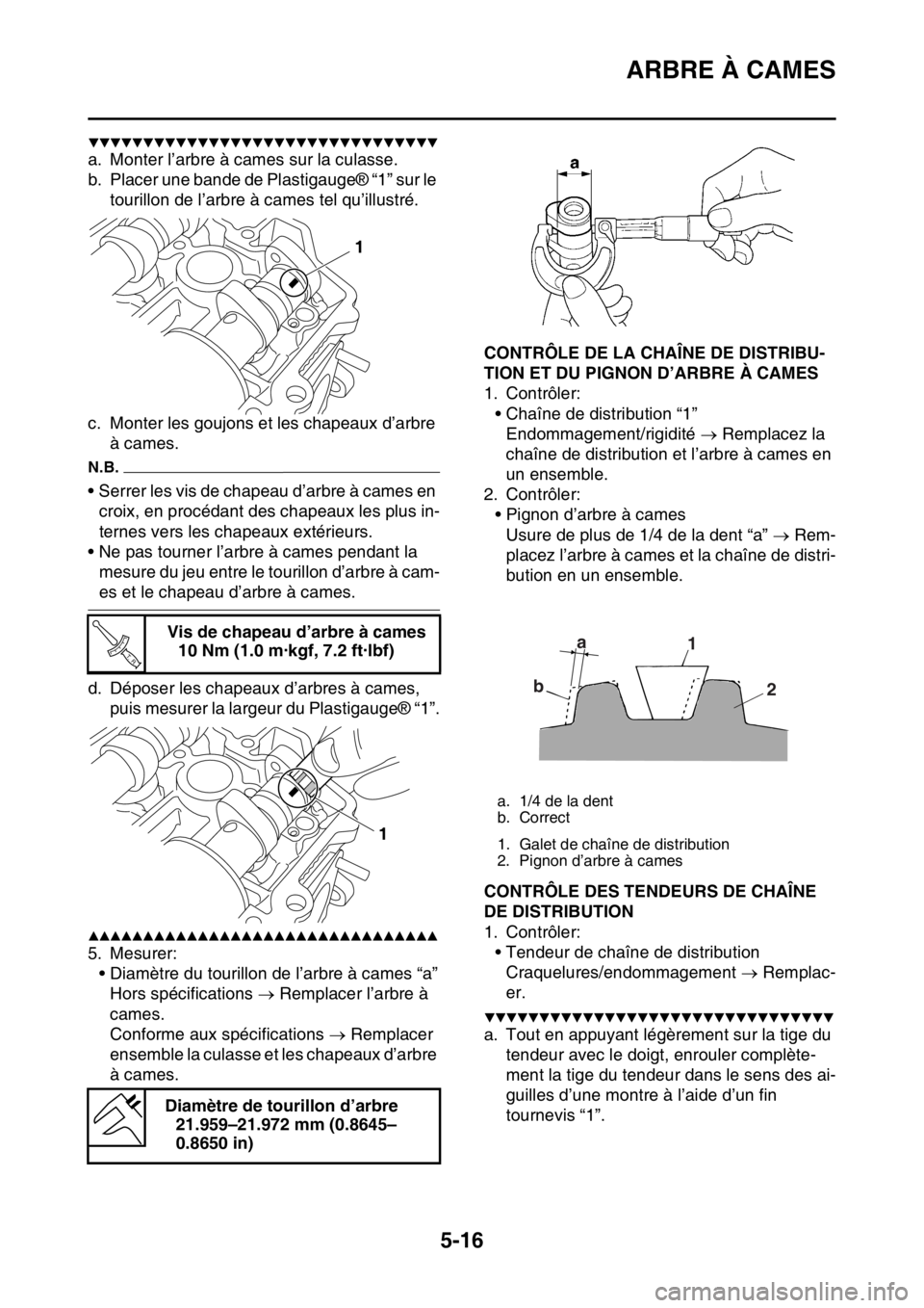 YAMAHA YZ250F 2016 Notices Demploi (in French) ARBRE À CAMES
5-16
▼▼▼▼▼▼▼▼▼▼▼▼▼▼▼▼▼▼▼▼▼▼▼▼▼▼▼▼▼▼▼▼
a. Monter l’arbre à cames sur la culasse.
b. Placer une bande de Plastigauge® YAMAHA YZ250F 2016 Notices Demploi (in French) ARBRE À CAMES
5-16
▼▼▼▼▼▼▼▼▼▼▼▼▼▼▼▼▼▼▼▼▼▼▼▼▼▼▼▼▼▼▼▼
a. Monter l’arbre à cames sur la culasse.
b. Placer une bande de Plastigauge®