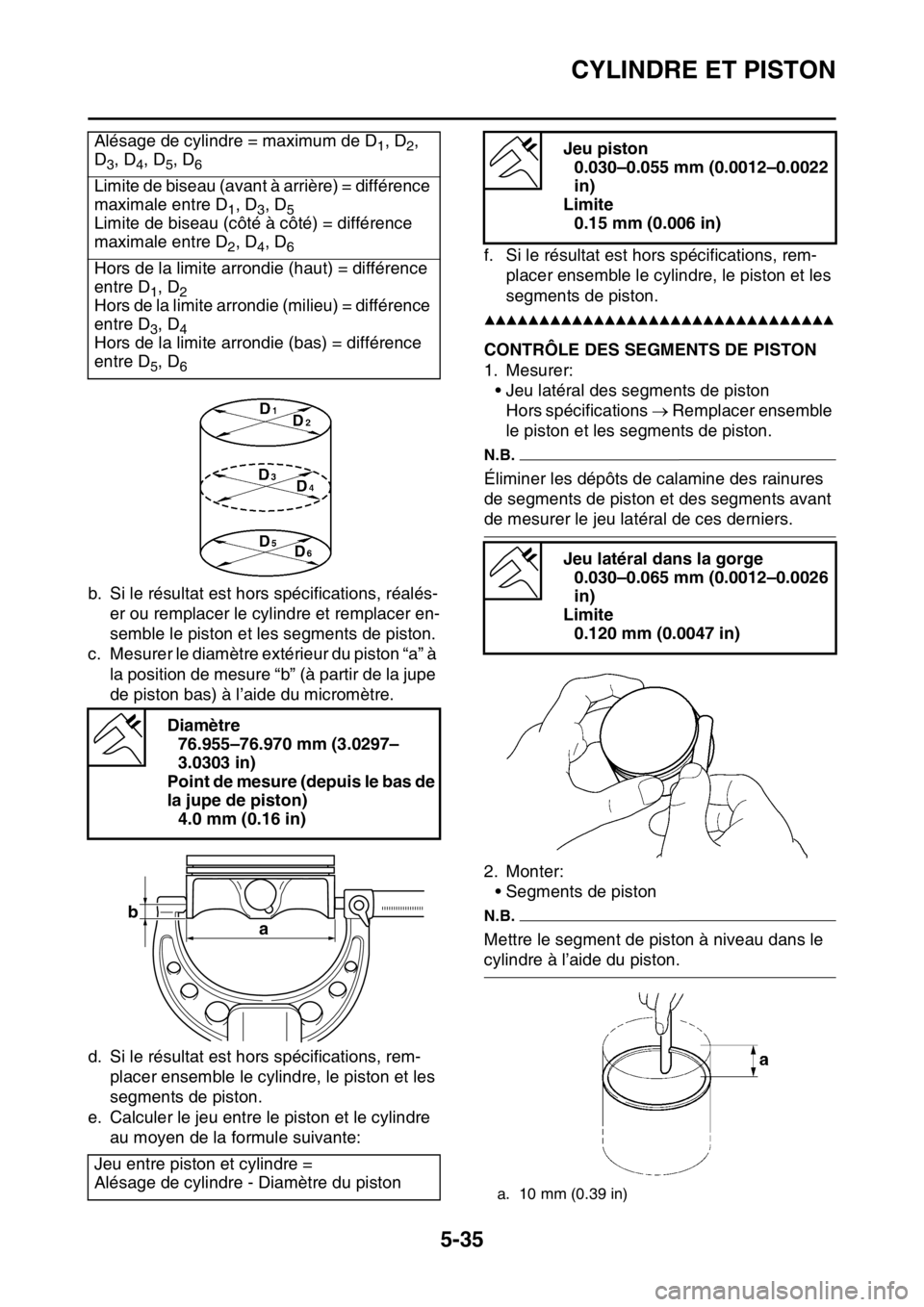 YAMAHA YZ250F 2016  Notices Demploi (in French) CYLINDRE ET PISTON
5-35
b. Si le résultat est hors spécifications, réalés-
er ou remplacer le cylindre et remplacer en-
semble le piston et les segments de piston.
c. Mesurer le diamètre extérie