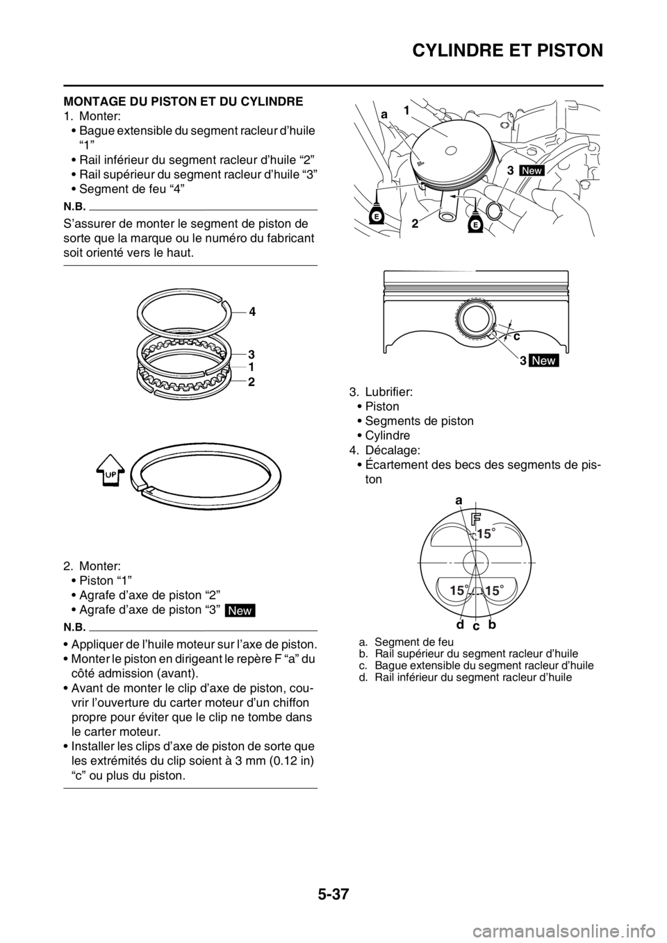 YAMAHA YZ250F 2016  Notices Demploi (in French) CYLINDRE ET PISTON
5-37
FAS1SM5232MONTAGE DU PISTON ET DU CYLINDRE
1. Monter:
• Bague extensible du segment racleur d’huile 
“1”
• Rail inférieur du segment racleur d’huile “2”
• Ra