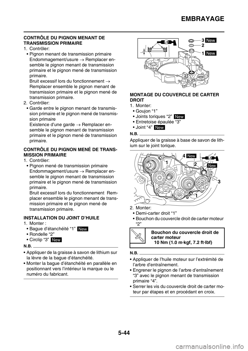 YAMAHA YZ250F 2016  Notices Demploi (in French) EMBRAYAGE
5-44
FAS1SM5243CONTRÔLE DU PIGNON MENANT DE 
TRANSMISSION PRIMAIRE
1. Contrôler:
• Pignon menant de transmission primaire
Endommagement/usure  Remplacer en-
semble le pignon menant de