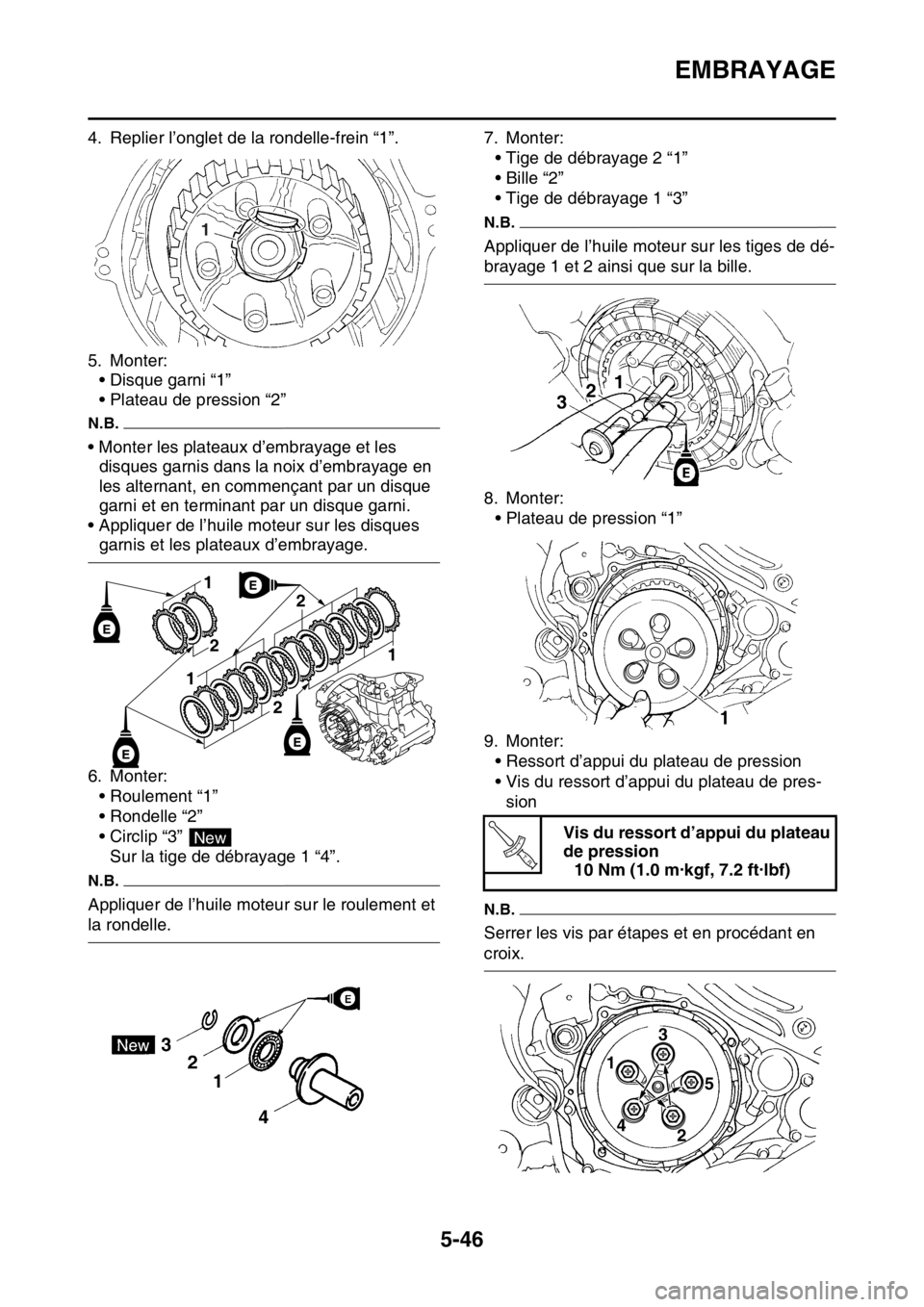 YAMAHA YZ250F 2016  Notices Demploi (in French) EMBRAYAGE
5-46
4. Replier l’onglet de la rondelle-frein “1”.
5. Monter:
• Disque garni “1”
• Plateau de pression “2”
N.B.
• Monter les plateaux d’embrayage et les 
disques garnis