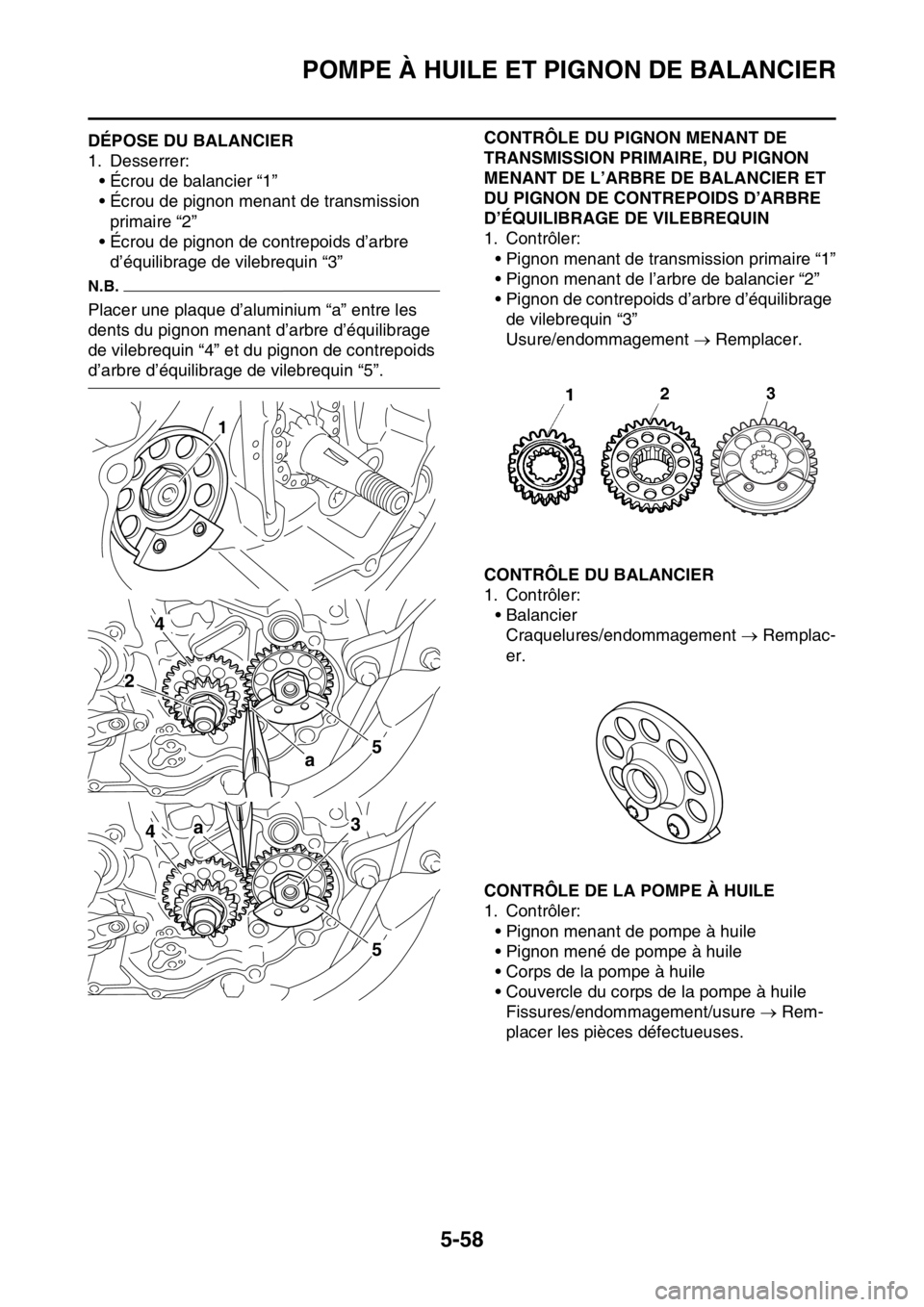 YAMAHA YZ250F 2016  Notices Demploi (in French) POMPE À HUILE ET PIGNON DE BALANCIER
5-58
FAS1SM5267DÉPOSE DU BALANCIER
1. Desserrer:
• Écrou de balancier “1”
• Écrou de pignon menant de transmission 
primaire “2”
• Écrou de pign