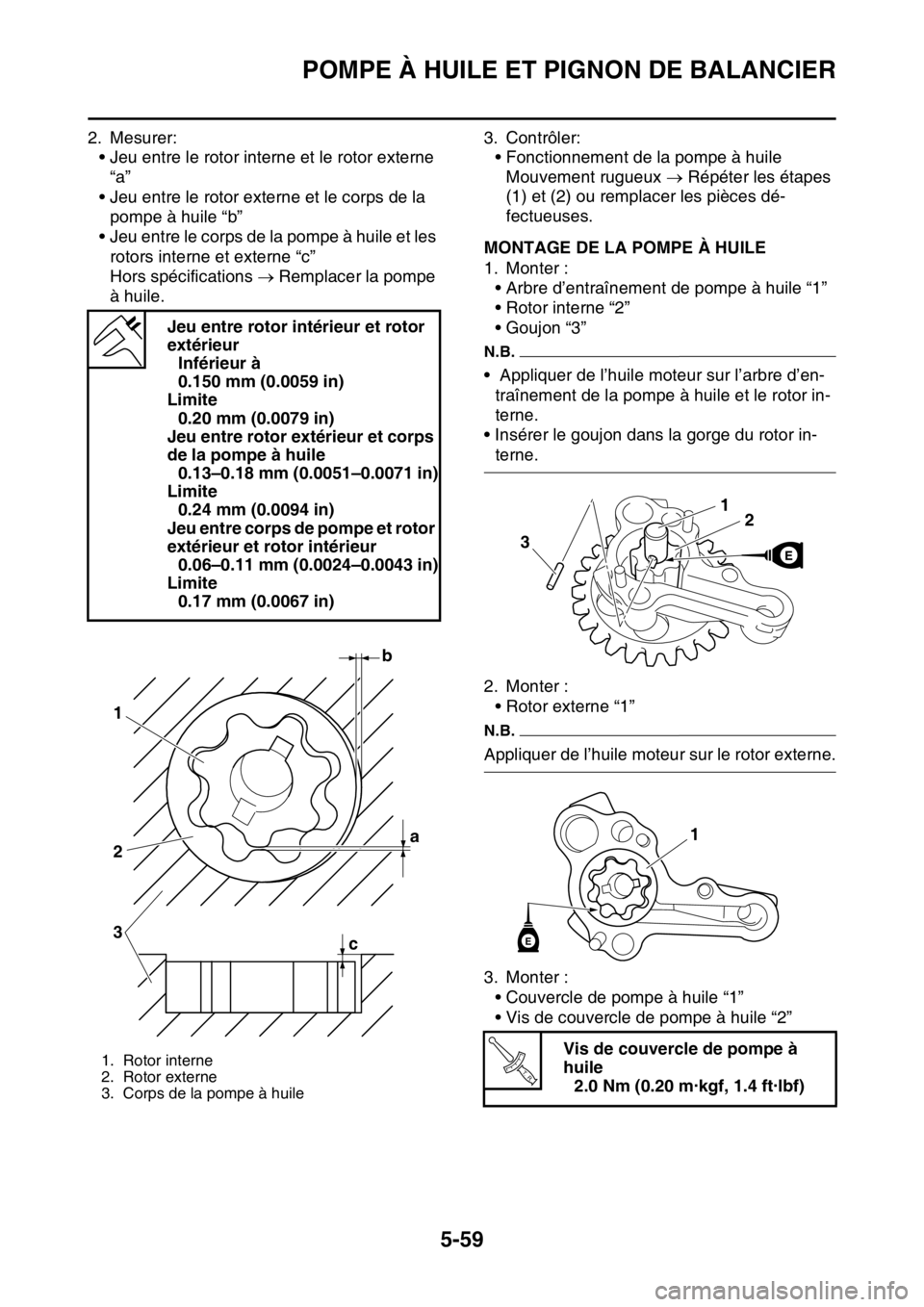 YAMAHA YZ250F 2016  Notices Demploi (in French) POMPE À HUILE ET PIGNON DE BALANCIER
5-59
2. Mesurer:
• Jeu entre le rotor interne et le rotor externe 
“a”
• Jeu entre le rotor externe et le corps de la 
pompe à huile “b”
• Jeu entr