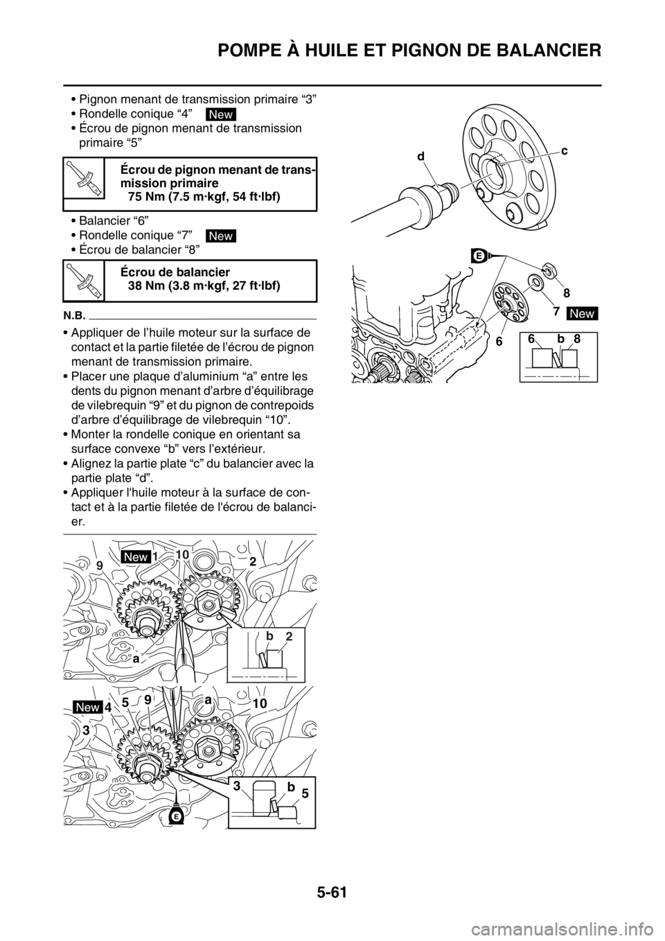 YAMAHA YZ250F 2016  Notices Demploi (in French) POMPE À HUILE ET PIGNON DE BALANCIER
5-61
• Pignon menant de transmission primaire “3”
• Rondelle conique “4”　
• Écrou de pignon menant de transmission 
primaire “5”
• Balancie