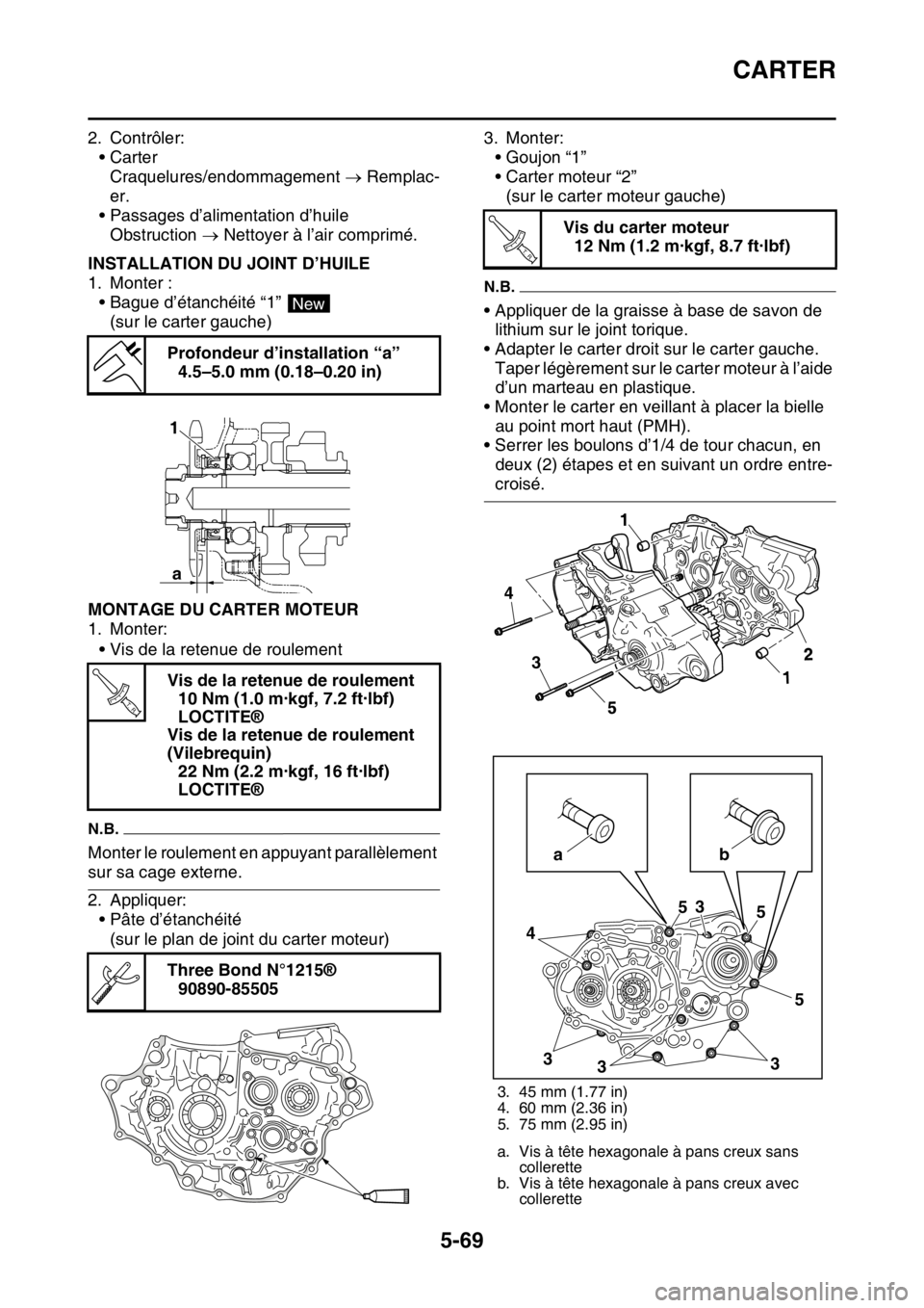 YAMAHA YZ250F 2016 Notices Demploi (in French) CARTER
5-69
2. Contrôler:
•Carter
Craquelures/endommagement Remplac-
er.
• Passages d’alimentation d’huile
Obstruction Nettoyer à l’air comprimé.
FAS1SM5283INSTALLATION DU JOINT D YAMAHA YZ250F 2016 Notices Demploi (in French) CARTER
5-69
2. Contrôler:
•Carter
Craquelures/endommagement Remplac-
er.
• Passages d’alimentation d’huile
Obstruction Nettoyer à l’air comprimé.
FAS1SM5283INSTALLATION DU JOINT D