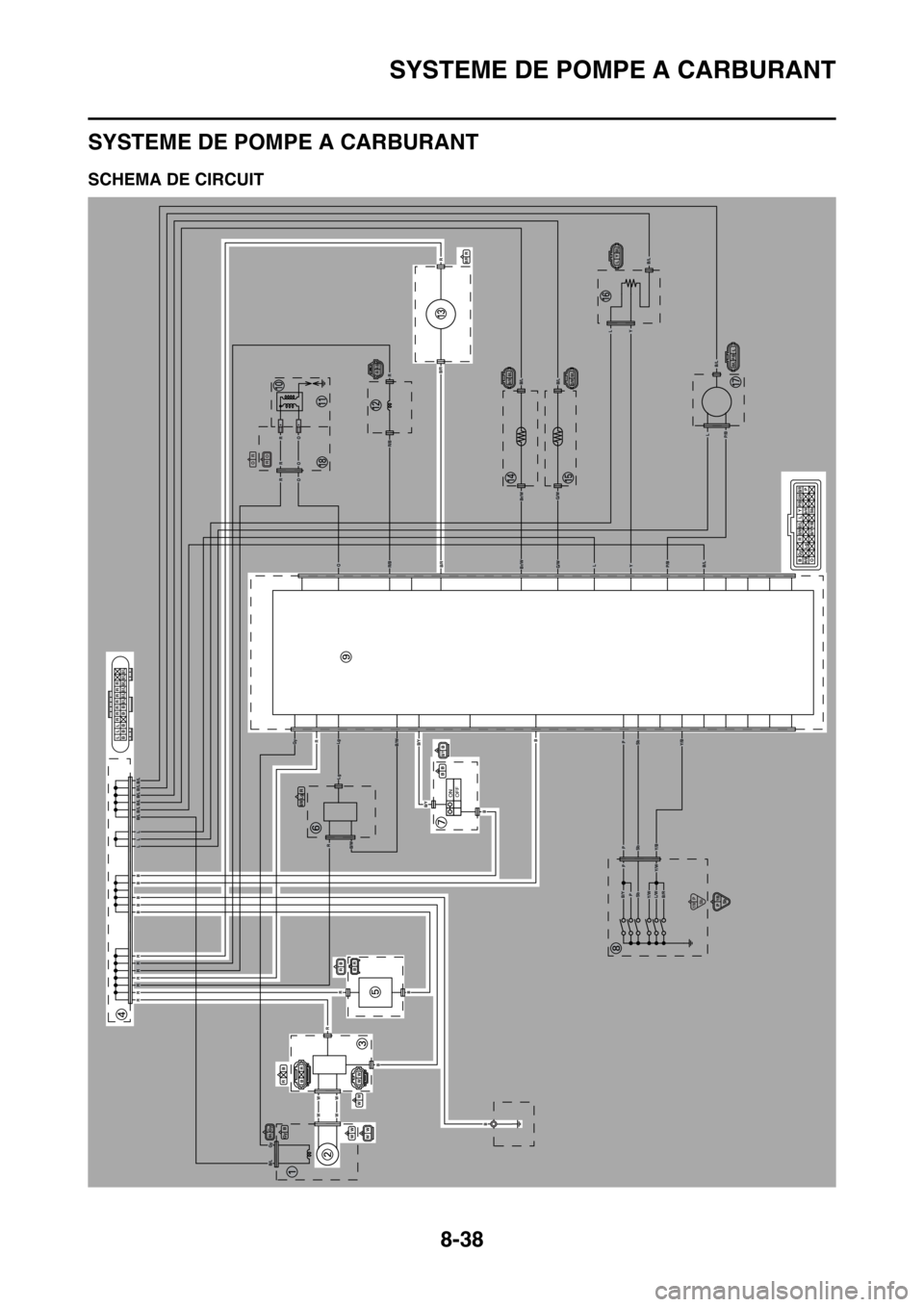 YAMAHA YZ250F 2016  Notices Demploi (in French) SYSTEME DE POMPE A CARBURANT
8-38
FAS1SM5331
SYSTEME DE POMPE A CARBURANT
FAS1SM5332SCHEMA DE CIRCUIT
ONOFF
R O
OR
RRRRRRR
BBBBB
LLLB/LB/LB/LB/LB/LB/L
B/L
Gy
W
W
W
W
R
R
B
B
B
Y/B
Y/B
Y/W
Y/WB/YL/WB/R