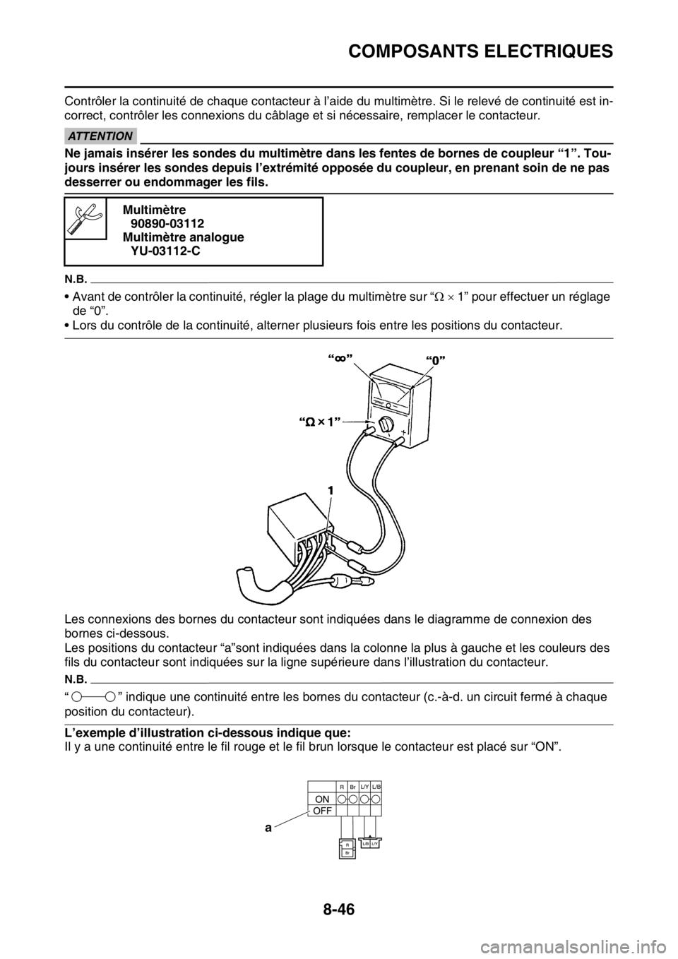 YAMAHA YZ250F 2016  Notices Demploi (in French) COMPOSANTS ELECTRIQUES
8-46
Contrôler la continuité de chaque contacteur à l’aide du multimètre. Si le relevé de continuité est in-
correct, contrôler les connexions du câblage et si nécess
