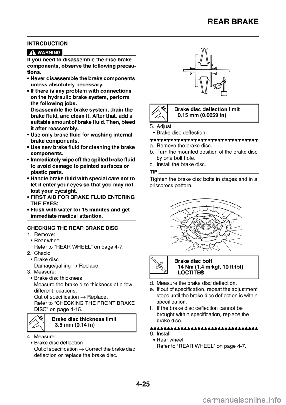 YAMAHA YZ250F 2015  Owners Manual REAR BRAKE
4-25
EAS1SM5150INTRODUCTIONEWA14300
WARNING
If you need to disassemble the disc brake 
components, observe the following precau-
tions.
• Never disassemble the brake components 
unless ab