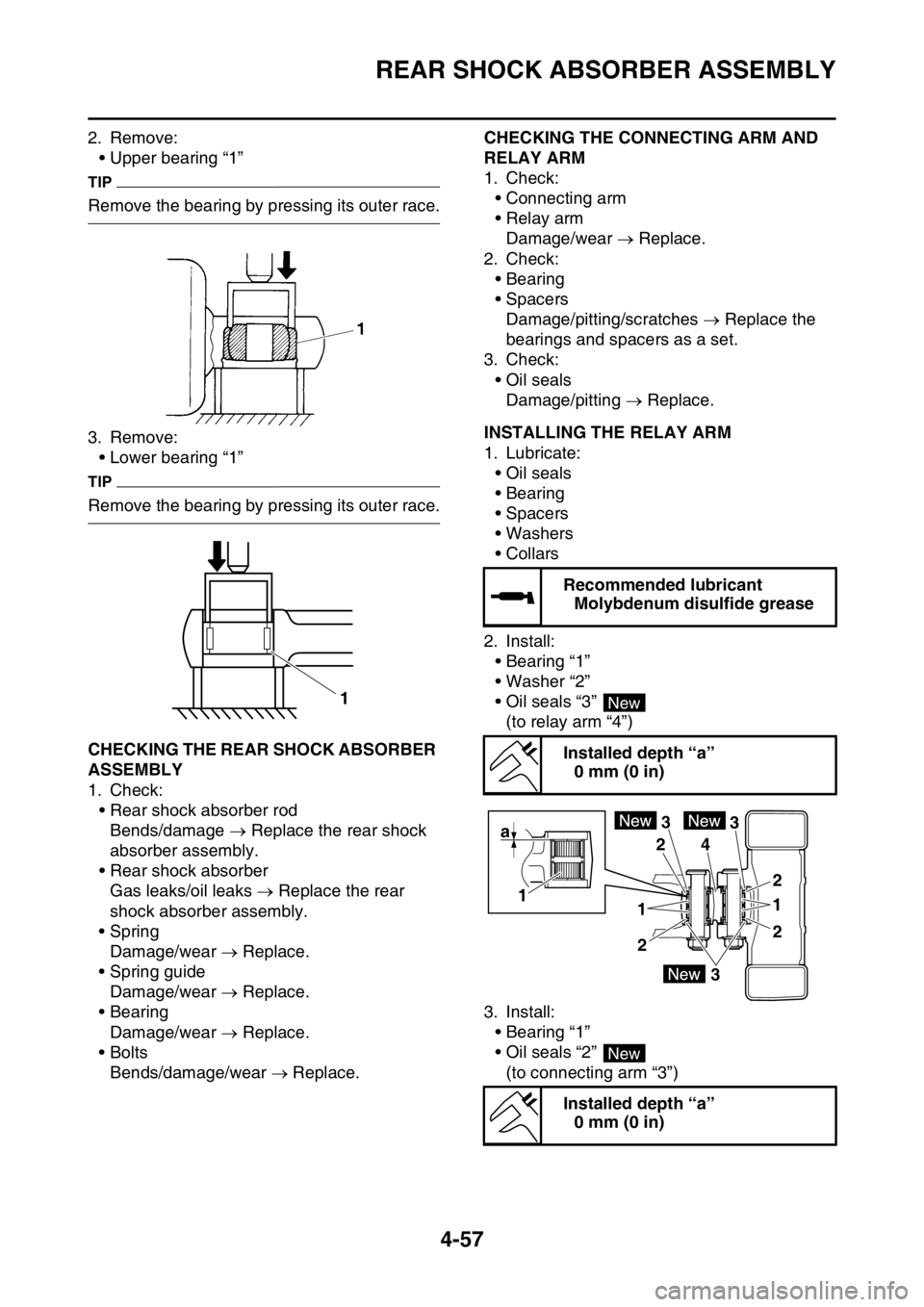 YAMAHA YZ250F 2015  Owners Manual REAR SHOCK ABSORBER ASSEMBLY
4-57
2. Remove:
• Upper bearing “1”
TIP
Remove the bearing by pressing its outer race.
3. Remove:
• Lower bearing “1”
TIP
Remove the bearing by pressing its ou