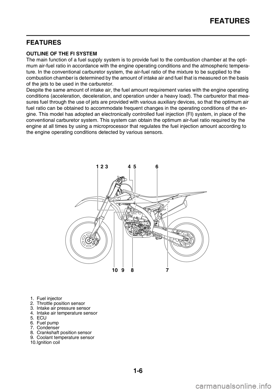 YAMAHA YZ250F 2015 Owners Manual FEATURES
1-6
EAS20170
FEATURES
EAS1SM5014OUTLINE OF THE FI SYSTEM
The main function of a fuel supply system is to provide fuel to the combustion chamber at the opti-
mum air-fuel ratio in accordance w YAMAHA YZ250F 2015 Owners Manual FEATURES
1-6
EAS20170
FEATURES
EAS1SM5014OUTLINE OF THE FI SYSTEM
The main function of a fuel supply system is to provide fuel to the combustion chamber at the opti-
mum air-fuel ratio in accordance w