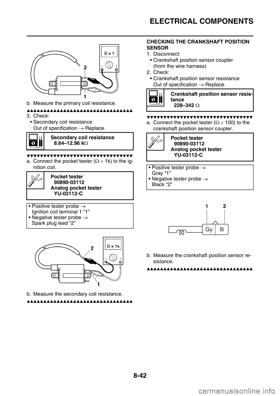 YAMAHA YZ250F 2015 Owners Guide ELECTRICAL COMPONENTS
8-42
b. Measure the primary coil resistance.
▲▲▲▲▲▲▲▲▲▲▲▲▲▲▲▲▲▲▲▲▲▲▲▲▲▲▲▲▲▲▲▲
3. Check:
• Secondary coil resista