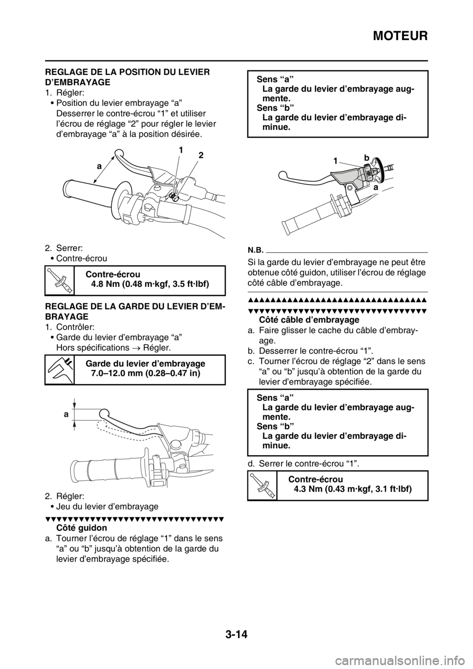 YAMAHA YZ250F 2015 Notices Demploi (in French) MOTEUR
3-14
FAS1SM5077REGLAGE DE LA POSITION DU LEVIER
D’EMBRAYAGE
1. Régler:
• Position du levier embrayage “a”
Desserrer le contre-écrou “1” et utiliser
l’écrou de réglage “2 YAMAHA YZ250F 2015 Notices Demploi (in French) MOTEUR
3-14
FAS1SM5077REGLAGE DE LA POSITION DU LEVIER
D’EMBRAYAGE
1. Régler:
• Position du levier embrayage “a”
Desserrer le contre-écrou “1” et utiliser
l’écrou de réglage “2