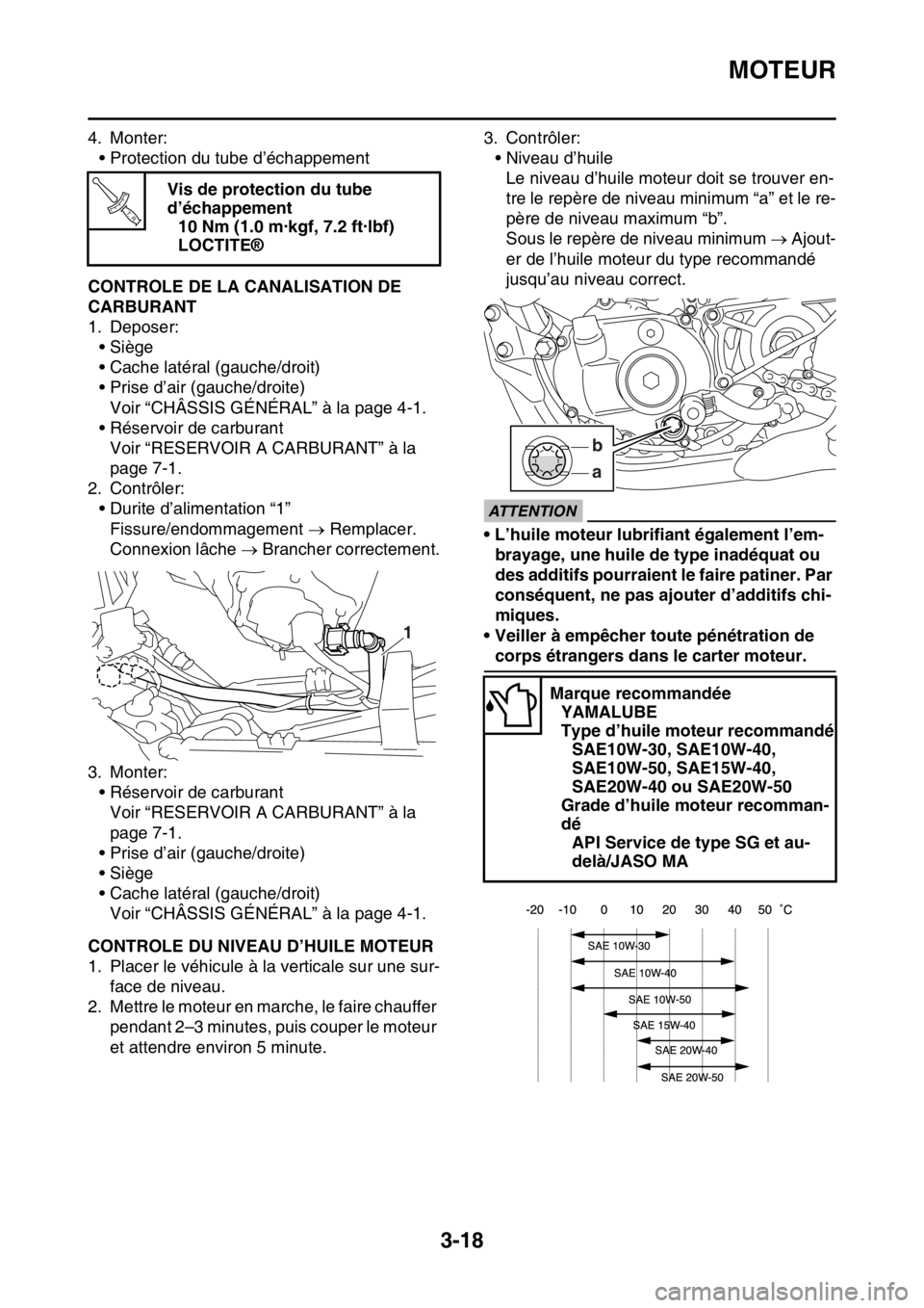 YAMAHA YZ250F 2015 Notices Demploi (in French) MOTEUR
3-18
4. Monter:
• Protection du tube d’échappement
FAS1SM5085CONTROLE DE LA CANALISATION DE
CARBURANT
1. Deposer:
•Siège
• Cache latéral (gauche/droit)
• Prise d’air (gauche/dro YAMAHA YZ250F 2015 Notices Demploi (in French) MOTEUR
3-18
4. Monter:
• Protection du tube d’échappement
FAS1SM5085CONTROLE DE LA CANALISATION DE
CARBURANT
1. Deposer:
•Siège
• Cache latéral (gauche/droit)
• Prise d’air (gauche/dro