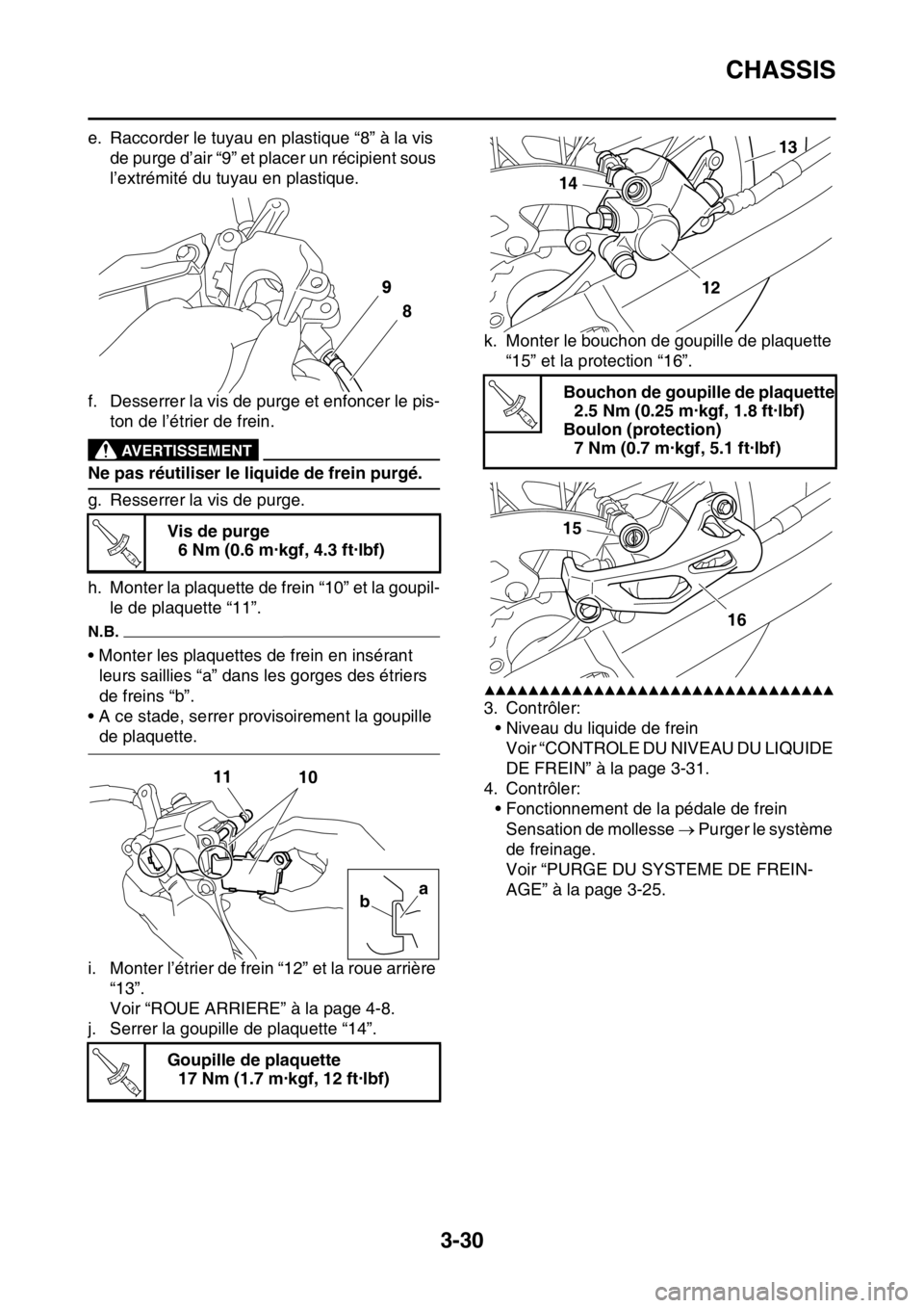 YAMAHA YZ250F 2015 Notices Demploi (in French) CHASSIS
3-30
e. Raccorder le tuyau en plastique “8” à la vis
de purge d’air “9” et placer un récipient sous
l’extrémité du tuyau en plastique.
f. Desserrer la vis de purge et enfonce YAMAHA YZ250F 2015 Notices Demploi (in French) CHASSIS
3-30
e. Raccorder le tuyau en plastique “8” à la vis
de purge d’air “9” et placer un récipient sous
l’extrémité du tuyau en plastique.
f. Desserrer la vis de purge et enfonce