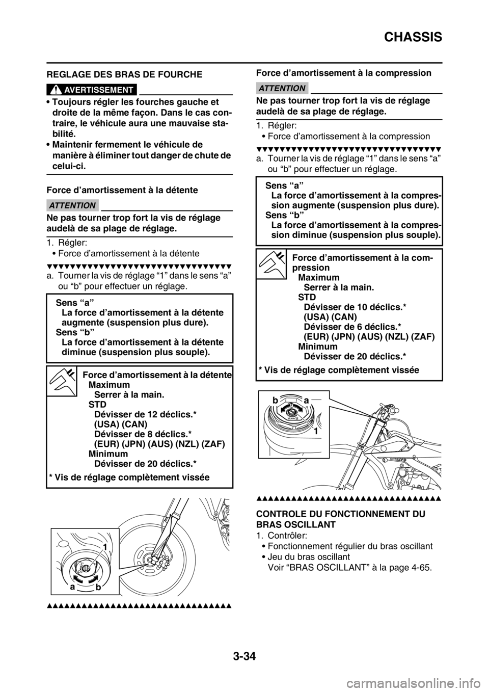 YAMAHA YZ250F 2015 Notices Demploi (in French) CHASSIS
3-34
FAS1SM5104REGLAGE DES BRAS DE FOURCHEEWA32D1006
AVERTISSEMENT
• Toujours régler les fourches gauche et
droite de la même façon. Dans le cas con-
traire, le véhicule aura une mauvai YAMAHA YZ250F 2015 Notices Demploi (in French) CHASSIS
3-34
FAS1SM5104REGLAGE DES BRAS DE FOURCHEEWA32D1006
AVERTISSEMENT
• Toujours régler les fourches gauche et
droite de la même façon. Dans le cas con-
traire, le véhicule aura une mauvai