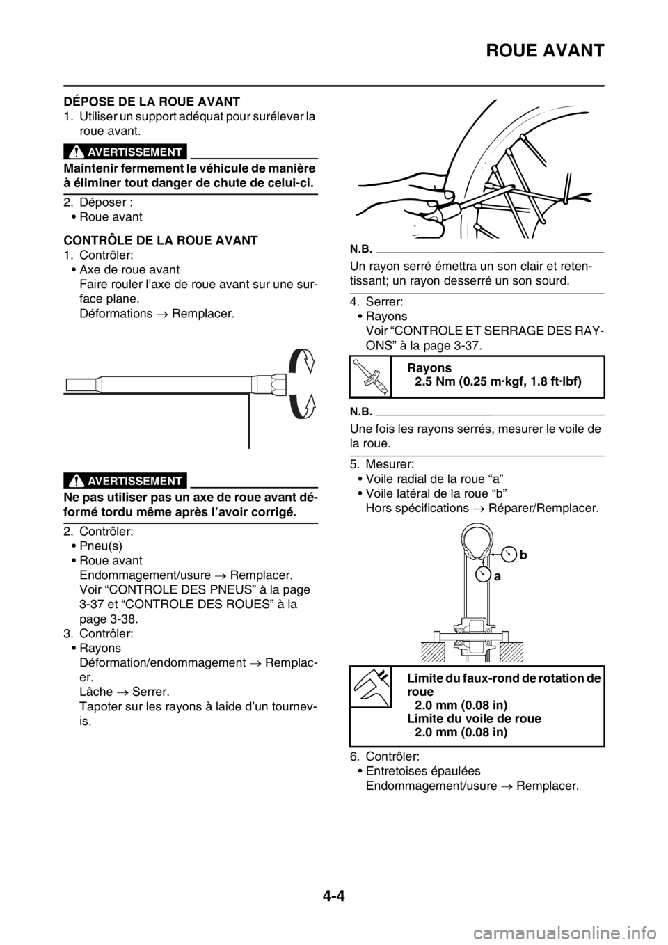 YAMAHA YZ250F 2015 Notices Demploi (in French) ROUE AVANT
4-4
FAS1SM5124DÉPOSE DE LA ROUE AVANT
1. Utiliser un support adéquat pour surélever la
roue avant.
EWA13120
AVERTISSEMENT
Maintenir fermement le véhicule de manière
à éliminer tout YAMAHA YZ250F 2015 Notices Demploi (in French) ROUE AVANT
4-4
FAS1SM5124DÉPOSE DE LA ROUE AVANT
1. Utiliser un support adéquat pour surélever la
roue avant.
EWA13120
AVERTISSEMENT
Maintenir fermement le véhicule de manière
à éliminer tout