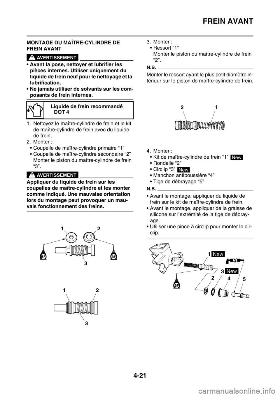 YAMAHA YZ250F 2015 Notices Demploi (in French) FREIN AVANT
4-21
FAS1SM5147MONTAGE DU MAÎTRE-CYLINDRE DE
FREIN AVANT
EWA13520
AVERTISSEMENT
• Avant la pose, nettoyer et lubrifier les
pièces internes. Utiliser uniquement du
liquide de frein n YAMAHA YZ250F 2015 Notices Demploi (in French) FREIN AVANT
4-21
FAS1SM5147MONTAGE DU MAÎTRE-CYLINDRE DE
FREIN AVANT
EWA13520
AVERTISSEMENT
• Avant la pose, nettoyer et lubrifier les
pièces internes. Utiliser uniquement du
liquide de frein n