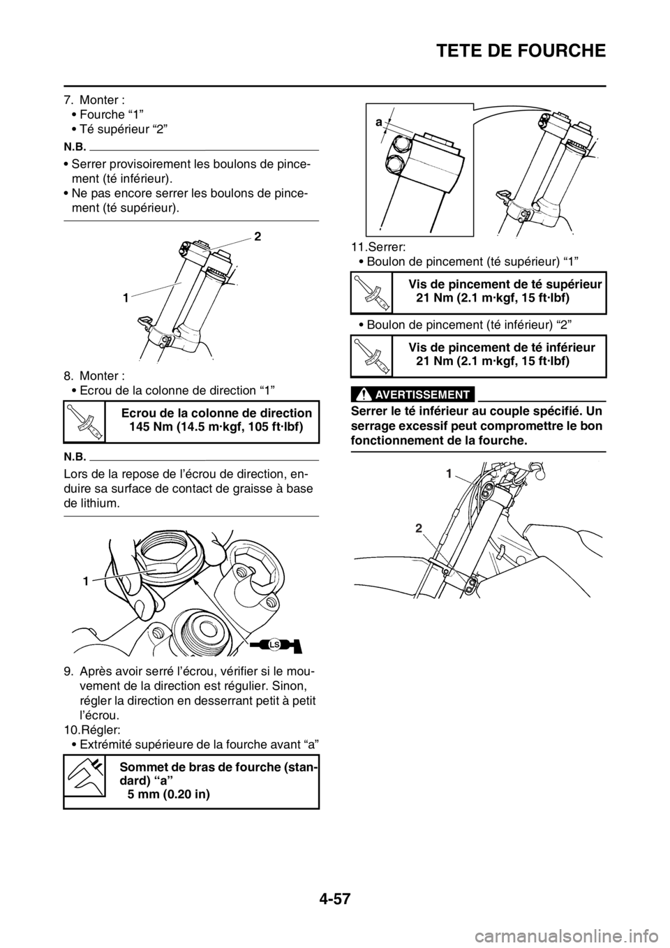 YAMAHA YZ250F 2015 Notices Demploi (in French) TETE DE FOURCHE
4-57
7. Monter :
• Fourche “1”
• Té supérieur “2”
N.B.
• Serrer provisoirement les boulons de pince-
ment (té inférieur).
• Ne pas encore serrer les boulons de pinc YAMAHA YZ250F 2015 Notices Demploi (in French) TETE DE FOURCHE
4-57
7. Monter :
• Fourche “1”
• Té supérieur “2”
N.B.
• Serrer provisoirement les boulons de pince-
ment (té inférieur).
• Ne pas encore serrer les boulons de pinc