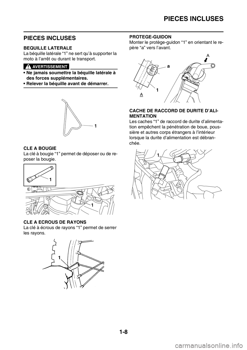 YAMAHA YZ250F 2015 Notices Demploi (in French) PIECES INCLUSES
1-8
FAS1SM5016
PIECES INCLUSES
FAS1SM5017BEQUILLE LATERALE
La béquille latérale “1” ne sert qu’à supporter la
moto à l’arrêt ou durant le transport.
EWA@
AVERTISSEMENT
YAMAHA YZ250F 2015 Notices Demploi (in French) PIECES INCLUSES
1-8
FAS1SM5016
PIECES INCLUSES
FAS1SM5017BEQUILLE LATERALE
La béquille latérale “1” ne sert qu’à supporter la
moto à l’arrêt ou durant le transport.
EWA@
AVERTISSEMENT