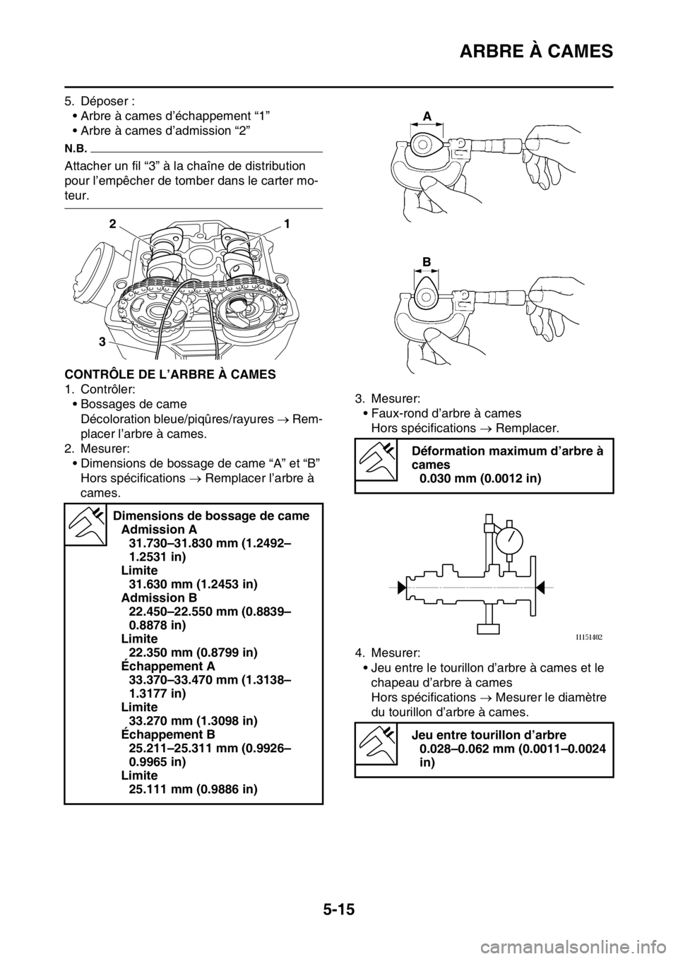 YAMAHA YZ250F 2015 Notices Demploi (in French) ARBRE À CAMES
5-15
5. Déposer :
• Arbre à cames d’échappement “1”
• Arbre à cames d’admission “2”
N.B.
Attacher un fil “3” à la chaîne de distribution
pour l’empêcher de YAMAHA YZ250F 2015 Notices Demploi (in French) ARBRE À CAMES
5-15
5. Déposer :
• Arbre à cames d’échappement “1”
• Arbre à cames d’admission “2”
N.B.
Attacher un fil “3” à la chaîne de distribution
pour l’empêcher de
