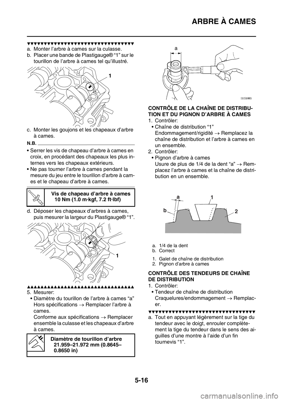 YAMAHA YZ250F 2015 Notices Demploi (in French) ARBRE À CAMES
5-16
▼▼▼▼▼▼▼▼▼▼▼▼▼▼▼▼▼▼▼▼▼▼▼▼▼▼▼▼▼▼▼▼
a. Monter l’arbre à cames sur la culasse.
b. Placer une bande de Plastigauge® YAMAHA YZ250F 2015 Notices Demploi (in French) ARBRE À CAMES
5-16
▼▼▼▼▼▼▼▼▼▼▼▼▼▼▼▼▼▼▼▼▼▼▼▼▼▼▼▼▼▼▼▼
a. Monter l’arbre à cames sur la culasse.
b. Placer une bande de Plastigauge®