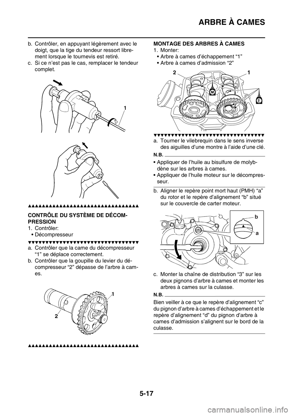 YAMAHA YZ250F 2015 Notices Demploi (in French) ARBRE À CAMES
5-17
b. Contrôler, en appuyant légèrement avec le
doigt, que la tige du tendeur ressort libre-
ment lorsque le tournevis est retiré.
c. Si ce n’est pas le cas, remplacer le tende YAMAHA YZ250F 2015 Notices Demploi (in French) ARBRE À CAMES
5-17
b. Contrôler, en appuyant légèrement avec le
doigt, que la tige du tendeur ressort libre-
ment lorsque le tournevis est retiré.
c. Si ce n’est pas le cas, remplacer le tende