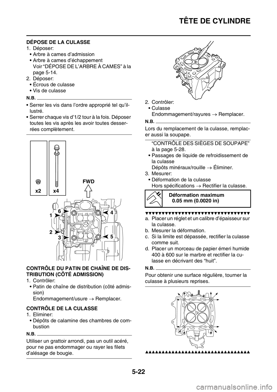 YAMAHA YZ250F 2015 Notices Demploi (in French) TÊTE DE CYLINDRE
5-22
FAS1SM5216DÉPOSE DE LA CULASSE
1. Déposer:
• Arbre à cames d’admission
• Arbre à cames d’échappement
Voir “DÉPOSE DE L’ARBRE À CAMES” à la
page 5-14.
2. D YAMAHA YZ250F 2015 Notices Demploi (in French) TÊTE DE CYLINDRE
5-22
FAS1SM5216DÉPOSE DE LA CULASSE
1. Déposer:
• Arbre à cames d’admission
• Arbre à cames d’échappement
Voir “DÉPOSE DE L’ARBRE À CAMES” à la
page 5-14.
2. D