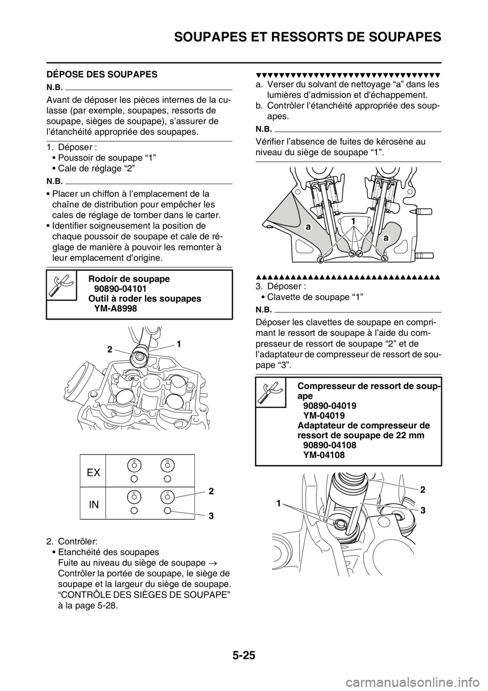 YAMAHA YZ250F 2015 Notices Demploi (in French) SOUPAPES ET RESSORTS DE SOUPAPES
5-25
FAS1SM5221DÉPOSE DES SOUPAPES
N.B.
Avant de déposer les pièces internes de la cu-
lasse (par exemple, soupapes, ressorts de
soupape, sièges de soupape), s’ YAMAHA YZ250F 2015 Notices Demploi (in French) SOUPAPES ET RESSORTS DE SOUPAPES
5-25
FAS1SM5221DÉPOSE DES SOUPAPES
N.B.
Avant de déposer les pièces internes de la cu-
lasse (par exemple, soupapes, ressorts de
soupape, sièges de soupape), s’