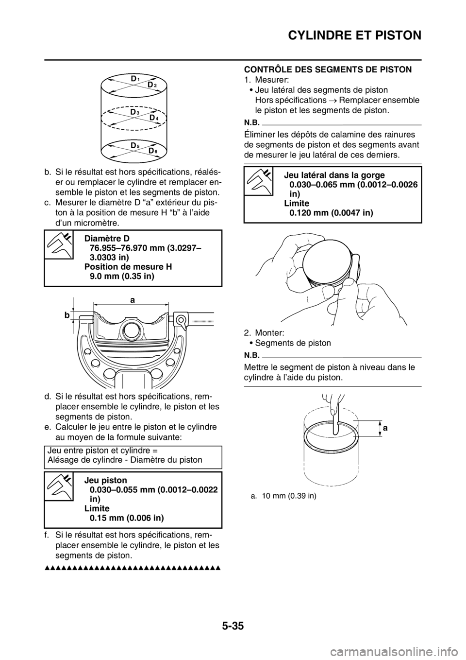 YAMAHA YZ250F 2015 Notices Demploi (in French) CYLINDRE ET PISTON
5-35
b. Si le résultat est hors spécifications, réalés-
er ou remplacer le cylindre et remplacer en-
semble le piston et les segments de piston.
c. Mesurer le diamètre D “a YAMAHA YZ250F 2015 Notices Demploi (in French) CYLINDRE ET PISTON
5-35
b. Si le résultat est hors spécifications, réalés-
er ou remplacer le cylindre et remplacer en-
semble le piston et les segments de piston.
c. Mesurer le diamètre D “a