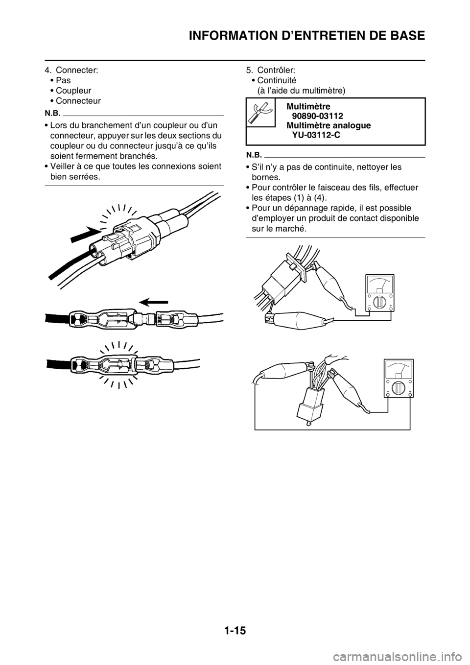 YAMAHA YZ250F 2015  Notices Demploi (in French) INFORMATION D’ENTRETIEN DE BASE
1-15
4. Connecter:
•Pas
• Coupleur
• Connecteur
N.B.
• Lors du branchement d’un coupleur ou d’un 
connecteur, appuyer sur les deux sections du 
coupleur o