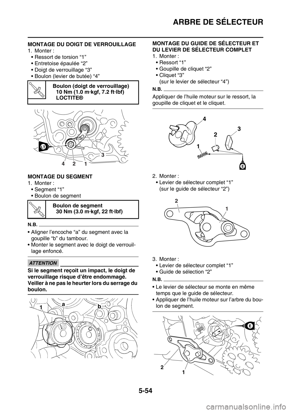 YAMAHA YZ250F 2015 Notices Demploi (in French) ARBRE DE SÉLECTEUR
5-54
FAS1SM5261MONTAGE DU DOIGT DE VERROUILLAGE
1. Monter :
• Ressort de torsion “1”
• Entretoise épaulée “2”
• Doigt de verrouillage “3”
• Boulon (levier de YAMAHA YZ250F 2015 Notices Demploi (in French) ARBRE DE SÉLECTEUR
5-54
FAS1SM5261MONTAGE DU DOIGT DE VERROUILLAGE
1. Monter :
• Ressort de torsion “1”
• Entretoise épaulée “2”
• Doigt de verrouillage “3”
• Boulon (levier de
