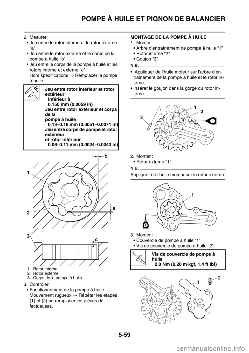 YAMAHA YZ250F 2015 Notices Demploi (in French) POMPE À HUILE ET PIGNON DE BALANCIER
5-59
2. Mesurer:
• Jeu entre le rotor interne et le rotor externe
“a”
• Jeu entre le rotor externe et le corps de la
pompe à huile “b”
• Jeu entr YAMAHA YZ250F 2015 Notices Demploi (in French) POMPE À HUILE ET PIGNON DE BALANCIER
5-59
2. Mesurer:
• Jeu entre le rotor interne et le rotor externe
“a”
• Jeu entre le rotor externe et le corps de la
pompe à huile “b”
• Jeu entr