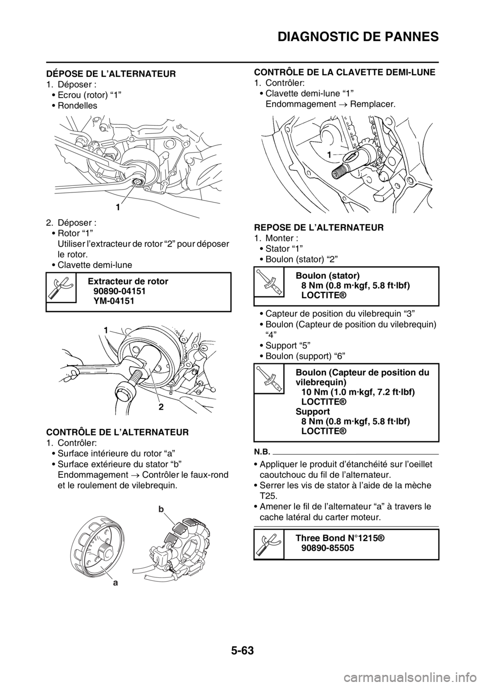 YAMAHA YZ250F 2015 Notices Demploi (in French) DIAGNOSTIC DE PANNES
5-63
FAS1SM5274DÉPOSE DE L’ALTERNATEUR
1. Déposer :
• Ecrou (rotor) “1”
• Rondelles
2. Déposer :
• Rotor “1”
Utiliser l’extracteur de rotor “2” pour dépo YAMAHA YZ250F 2015 Notices Demploi (in French) DIAGNOSTIC DE PANNES
5-63
FAS1SM5274DÉPOSE DE L’ALTERNATEUR
1. Déposer :
• Ecrou (rotor) “1”
• Rondelles
2. Déposer :
• Rotor “1”
Utiliser l’extracteur de rotor “2” pour dépo