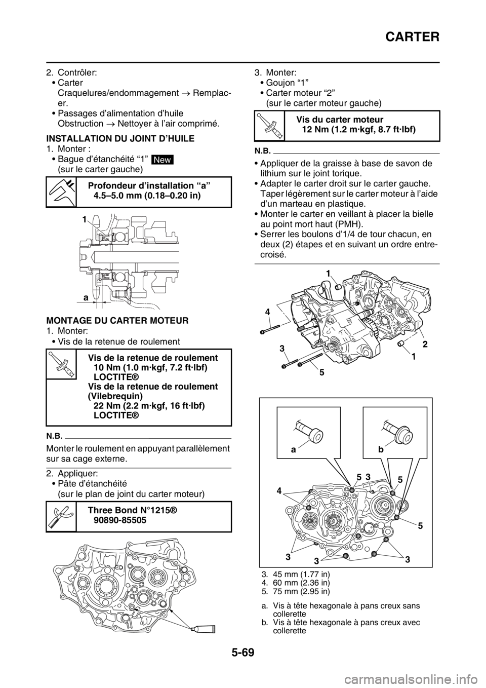 YAMAHA YZ250F 2015 Notices Demploi (in French) CARTER
5-69
2. Contrôler:
•Carter
Craquelures/endommagement Remplac-
er.
• Passages d’alimentation d’huile
Obstruction Nettoyer à l’air comprimé.
FAS1SM5283INSTALLATION DU JOINT D YAMAHA YZ250F 2015 Notices Demploi (in French) CARTER
5-69
2. Contrôler:
•Carter
Craquelures/endommagement Remplac-
er.
• Passages d’alimentation d’huile
Obstruction Nettoyer à l’air comprimé.
FAS1SM5283INSTALLATION DU JOINT D