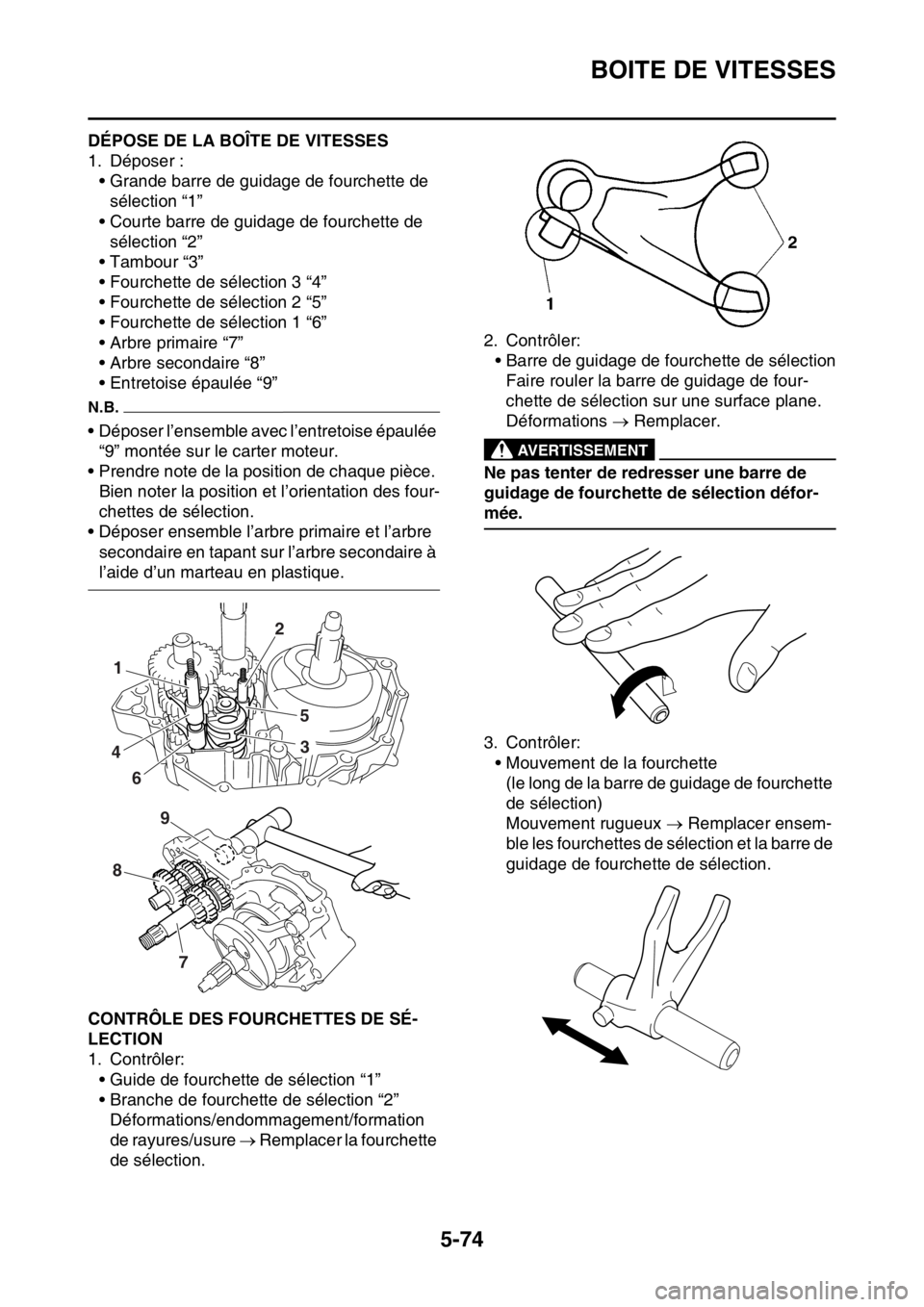 YAMAHA YZ250F 2015 Notices Demploi (in French) BOITE DE VITESSES
5-74
FAS1SM5291DÉPOSE DE LA BOÎTE DE VITESSES
1. Déposer :
• Grande barre de guidage de fourchette de
sélection “1”
• Courte barre de guidage de fourchette de
sélectio YAMAHA YZ250F 2015 Notices Demploi (in French) BOITE DE VITESSES
5-74
FAS1SM5291DÉPOSE DE LA BOÎTE DE VITESSES
1. Déposer :
• Grande barre de guidage de fourchette de
sélection “1”
• Courte barre de guidage de fourchette de
sélectio