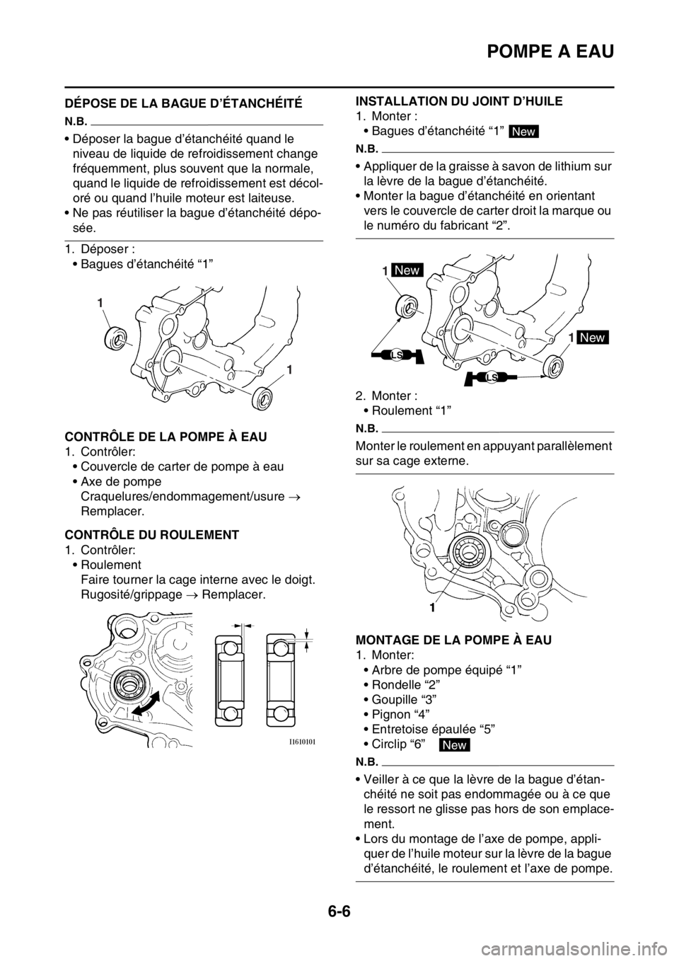 YAMAHA YZ250F 2015 Notices Demploi (in French) POMPE A EAU
6-6
FAS1SM5301DÉPOSE DE LA BAGUE D’ÉTANCHÉITÉ
N.B.
• Déposer la bague d’étanchéité quand le
niveau de liquide de refroidissement change
fréquemment, plus souvent que la no YAMAHA YZ250F 2015 Notices Demploi (in French) POMPE A EAU
6-6
FAS1SM5301DÉPOSE DE LA BAGUE D’ÉTANCHÉITÉ
N.B.
• Déposer la bague d’étanchéité quand le
niveau de liquide de refroidissement change
fréquemment, plus souvent que la no