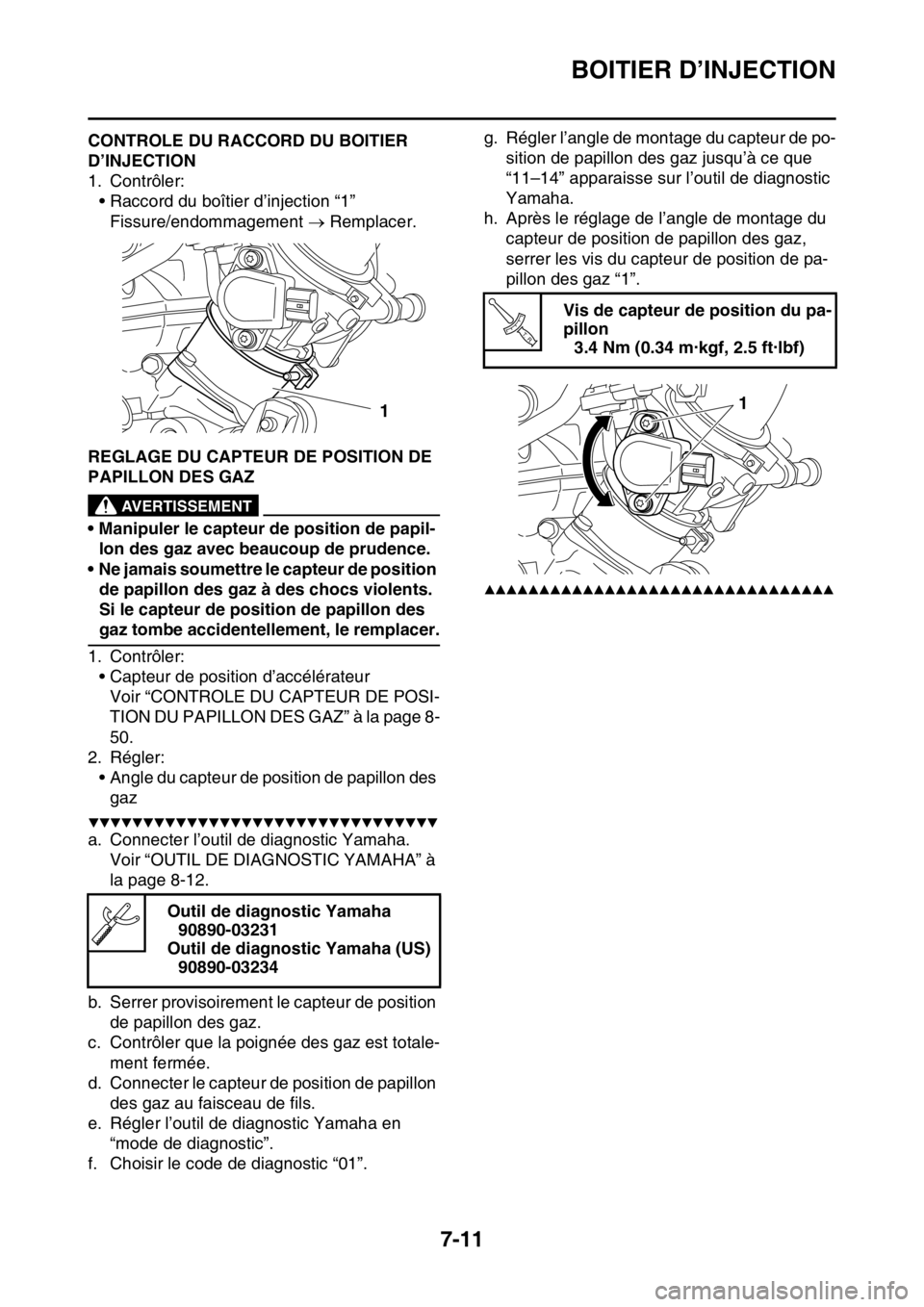 YAMAHA YZ250F 2015 Notices Demploi (in French) BOITIER D’INJECTION
7-11
FAS1SM5319CONTROLE DU RACCORD DU BOITIER
D’INJECTION
1. Contrôler:
• Raccord du boîtier d’injection “1”
Fissure/endommagement Remplacer.
FAS1SM5320REGLAGE D YAMAHA YZ250F 2015 Notices Demploi (in French) BOITIER D’INJECTION
7-11
FAS1SM5319CONTROLE DU RACCORD DU BOITIER
D’INJECTION
1. Contrôler:
• Raccord du boîtier d’injection “1”
Fissure/endommagement Remplacer.
FAS1SM5320REGLAGE D