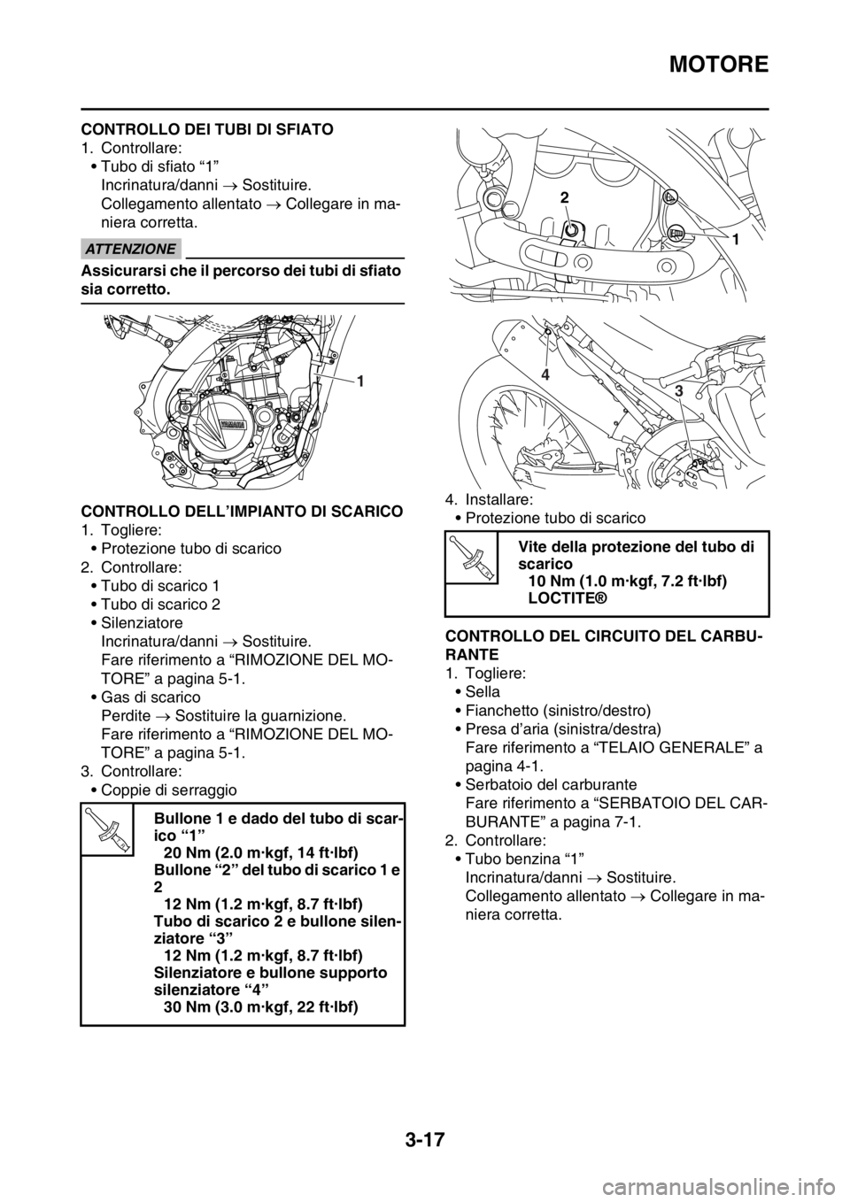 YAMAHA YZ250F 2015  Manuale duso (in Italian) MOTORE
3-17
HAS1SM5083CONTROLLO DEI TUBI DI SFIATO
1. Controllare:
• Tubo di sfiato “1”
Incrinatura/danni  Sostituire.
Collegamento allentato  Collegare in ma-
niera corretta.
ECA14920
ATT YAMAHA YZ250F 2015  Manuale duso (in Italian) MOTORE
3-17
HAS1SM5083CONTROLLO DEI TUBI DI SFIATO
1. Controllare:
• Tubo di sfiato “1”
Incrinatura/danni  Sostituire.
Collegamento allentato  Collegare in ma-
niera corretta.
ECA14920
ATT