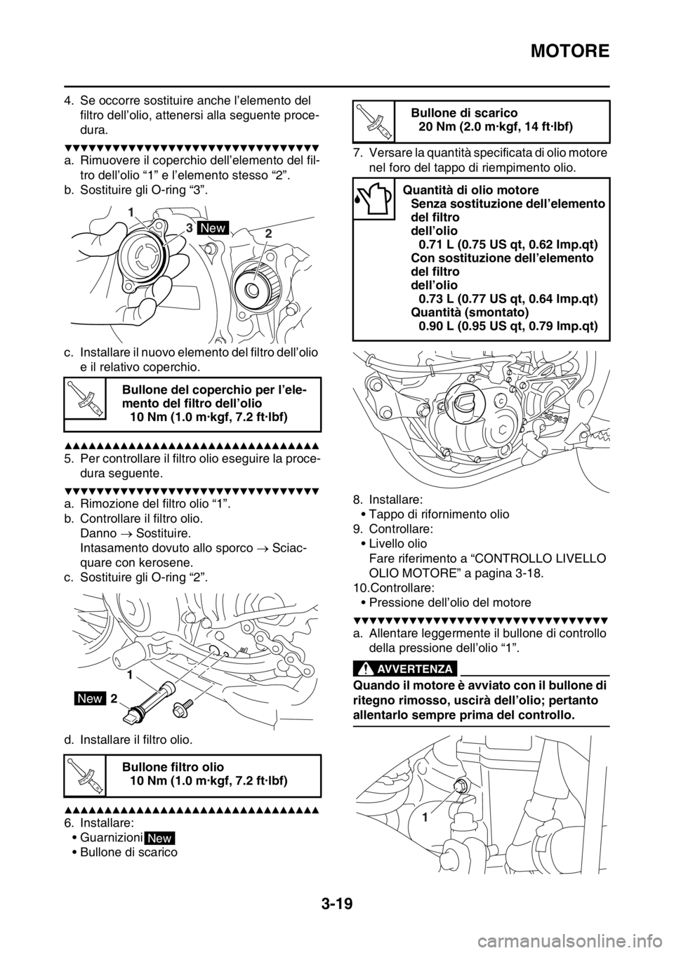 YAMAHA YZ250F 2015  Manuale duso (in Italian) MOTORE
3-19
4. Se occorre sostituire anche l’elemento del 
filtro dell’olio, attenersi alla seguente proce-
dura.
▼▼▼▼▼▼▼▼▼▼▼▼▼▼▼▼▼▼▼▼▼▼▼▼▼▼▼ YAMAHA YZ250F 2015  Manuale duso (in Italian) MOTORE
3-19
4. Se occorre sostituire anche l’elemento del 
filtro dell’olio, attenersi alla seguente proce-
dura.
▼▼▼▼▼▼▼▼▼▼▼▼▼▼▼▼▼▼▼▼▼▼▼▼▼▼▼