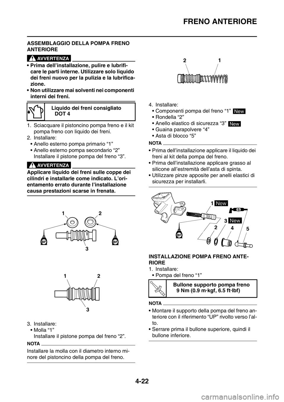 YAMAHA YZ250F 2015  Manuale duso (in Italian) FRENO ANTERIORE
4-22
HAS1SM5147ASSEMBLAGGIO DELLA POMPA FRENO 
ANTERIORE
EWA13520
AVVERTENZA
• Prima dell’installazione, pulire e lubrifi-
care le parti interne. Utilizzare solo liquido 
dei freni YAMAHA YZ250F 2015  Manuale duso (in Italian) FRENO ANTERIORE
4-22
HAS1SM5147ASSEMBLAGGIO DELLA POMPA FRENO 
ANTERIORE
EWA13520
AVVERTENZA
• Prima dell’installazione, pulire e lubrifi-
care le parti interne. Utilizzare solo liquido 
dei freni