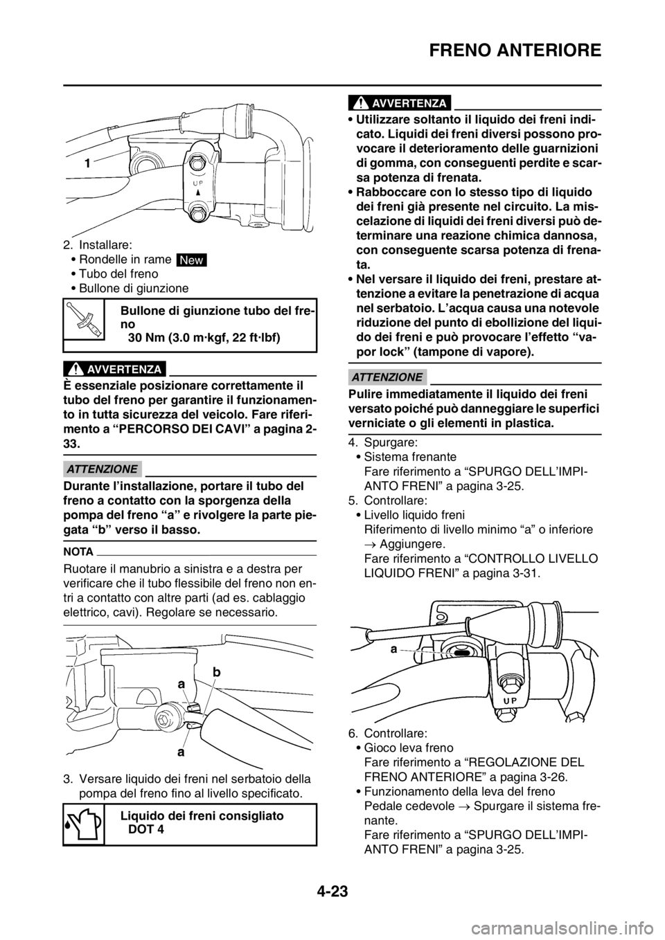 YAMAHA YZ250F 2015  Manuale duso (in Italian) FRENO ANTERIORE
4-23
2. Installare:
• Rondelle in rame 
• Tubo del freno
• Bullone di giunzione
EWA13530
AVVERTENZA
È essenziale posizionare correttamente il 
tubo del freno per garantire il fu YAMAHA YZ250F 2015  Manuale duso (in Italian) FRENO ANTERIORE
4-23
2. Installare:
• Rondelle in rame 
• Tubo del freno
• Bullone di giunzione
EWA13530
AVVERTENZA
È essenziale posizionare correttamente il 
tubo del freno per garantire il fu