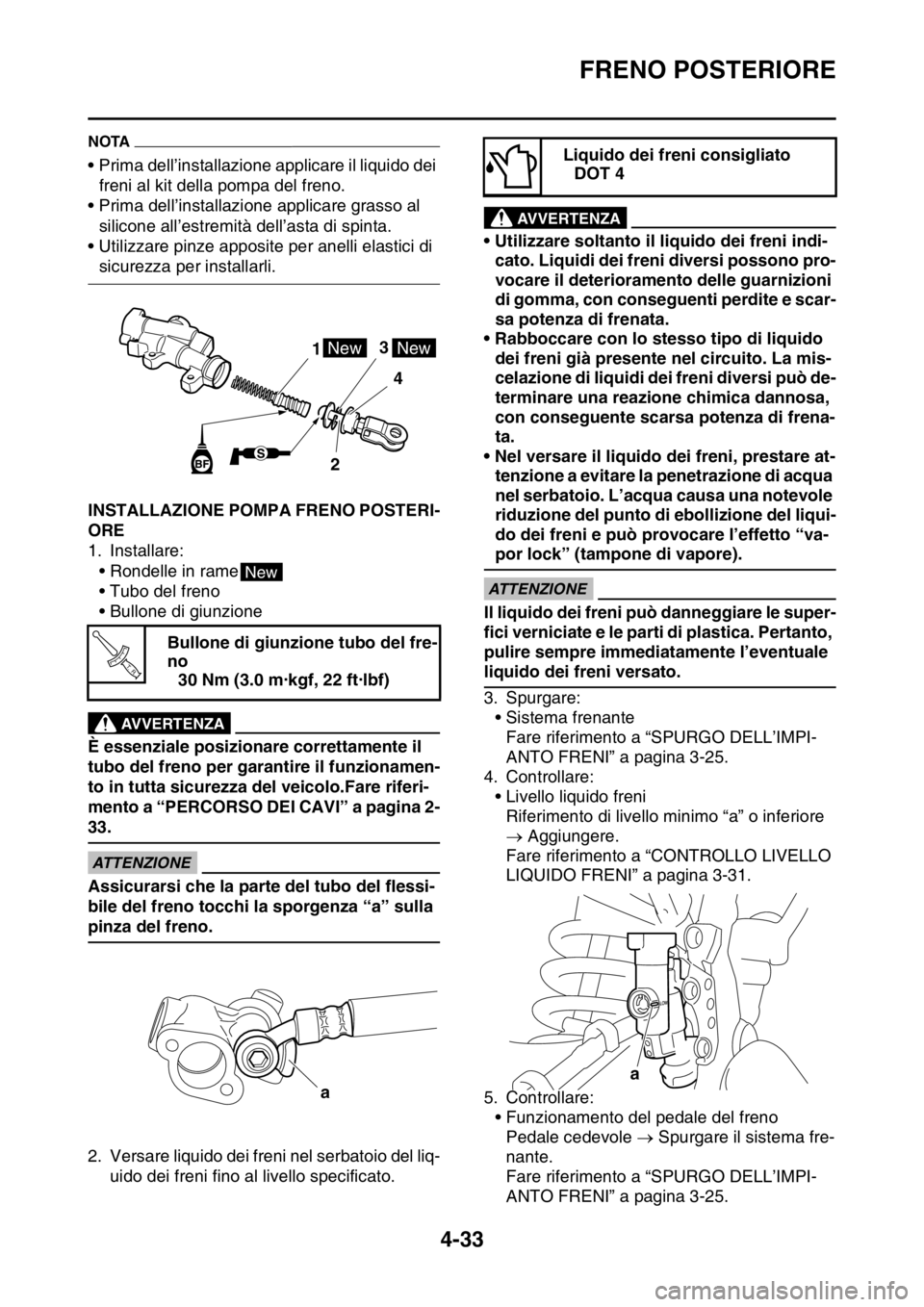 YAMAHA YZ250F 2015  Manuale duso (in Italian) FRENO POSTERIORE
4-33
NOTA
• Prima dell’installazione applicare il liquido dei 
freni al kit della pompa del freno.
• Prima dell’installazione applicare grasso al 
silicone all’estremità de YAMAHA YZ250F 2015  Manuale duso (in Italian) FRENO POSTERIORE
4-33
NOTA
• Prima dell’installazione applicare il liquido dei 
freni al kit della pompa del freno.
• Prima dell’installazione applicare grasso al 
silicone all’estremità de