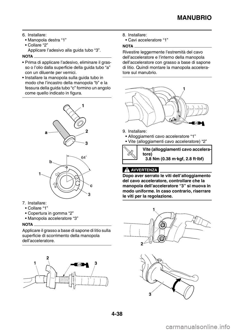 YAMAHA YZ250F 2015  Manuale duso (in Italian) MANUBRIO
4-38
6. Installare:
• Manopola destra “1”
• Collare “2”
Applicare l’adesivo alla guida tubo “3”.
NOTA
• Prima di applicare l’adesivo, eliminare il gras-
so o l’olio da YAMAHA YZ250F 2015  Manuale duso (in Italian) MANUBRIO
4-38
6. Installare:
• Manopola destra “1”
• Collare “2”
Applicare l’adesivo alla guida tubo “3”.
NOTA
• Prima di applicare l’adesivo, eliminare il gras-
so o l’olio da