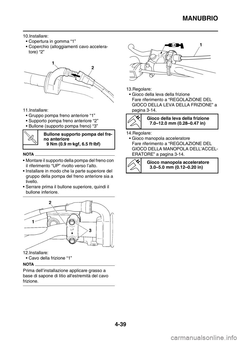 YAMAHA YZ250F 2015  Manuale duso (in Italian) MANUBRIO
4-39
10.Installare:
• Copertura in gomma “1”
• Coperchio (alloggiamenti cavo accelera-
tore) “2”
11.Installare:
• Gruppo pompa freno anteriore “1”
• Supporto pompa freno a YAMAHA YZ250F 2015  Manuale duso (in Italian) MANUBRIO
4-39
10.Installare:
• Copertura in gomma “1”
• Coperchio (alloggiamenti cavo accelera-
tore) “2”
11.Installare:
• Gruppo pompa freno anteriore “1”
• Supporto pompa freno a