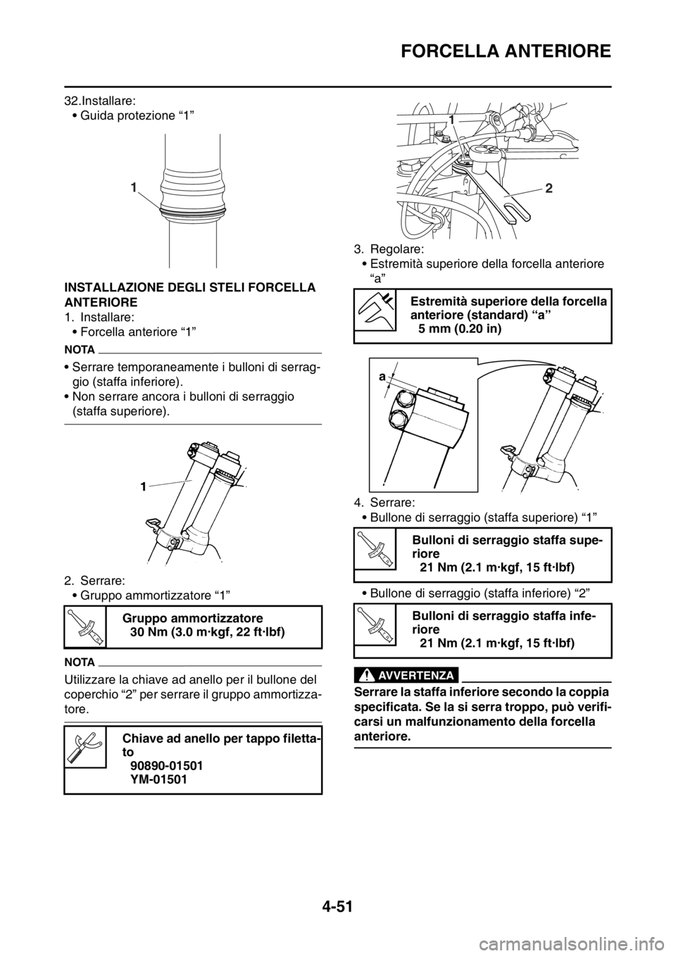 YAMAHA YZ250F 2015  Manuale duso (in Italian) FORCELLA ANTERIORE
4-51
32.Installare:
• Guida protezione “1”
HAS1SM5171INSTALLAZIONE DEGLI STELI FORCELLA 
ANTERIORE
1. Installare:
• Forcella anteriore “1”
NOTA
• Serrare temporaneamen