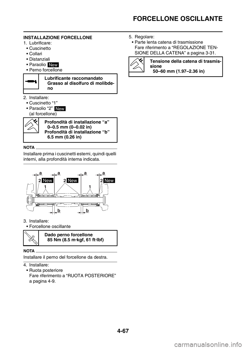 YAMAHA YZ250F 2015  Manuale duso (in Italian) FORCELLONE OSCILLANTE
4-67
HAS1SM5189INSTALLAZIONE FORCELLONE
1. Lubrificare:
• Cuscinetto
•Collari
• Distanziali
• Paraolio 
• Perno forcellone
2. Installare:
• Cuscinetto “1”
• Par