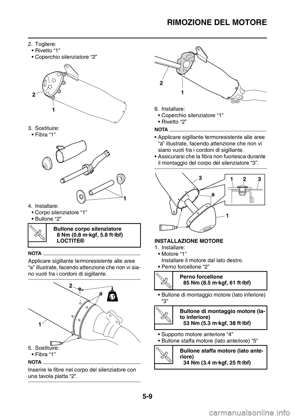 YAMAHA YZ250F 2015  Manuale duso (in Italian) RIMOZIONE DEL MOTORE
5-9
2. Togliere:
• Rivetto “1”
• Coperchio silenziatore “2”
3. Sostituire:
• Fibra “1”
4. Installare:
• Corpo silenziatore “1”
• Bullone “2”
NOTA
App