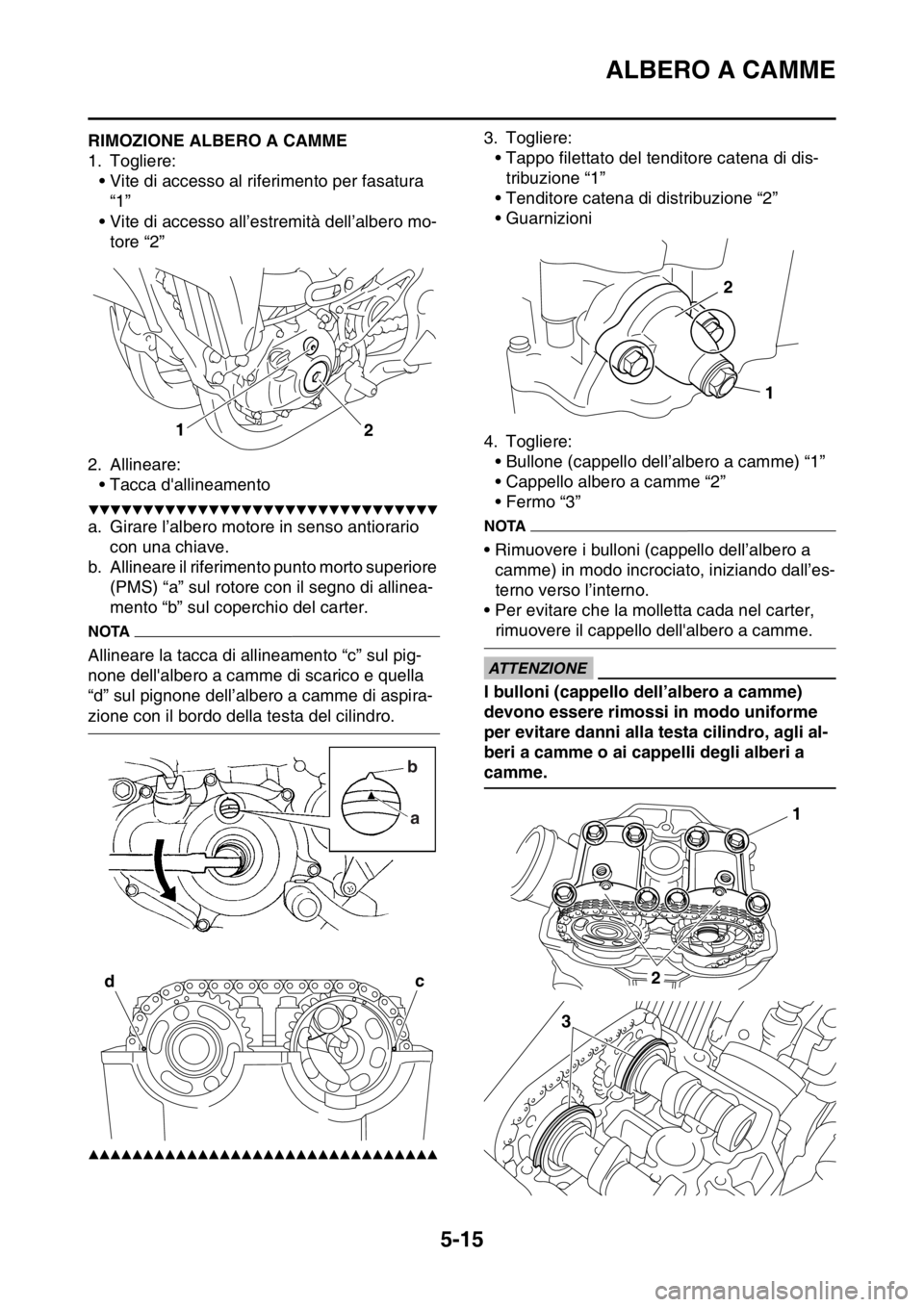 YAMAHA YZ250F 2015  Manuale duso (in Italian) ALBERO A CAMME
5-15
HAS1SM5209RIMOZIONE ALBERO A CAMME
1. Togliere:
• Vite di accesso al riferimento per fasatura 
“1”
• Vite di accesso all’estremità dell’albero mo-
tore “2”
2. Alli