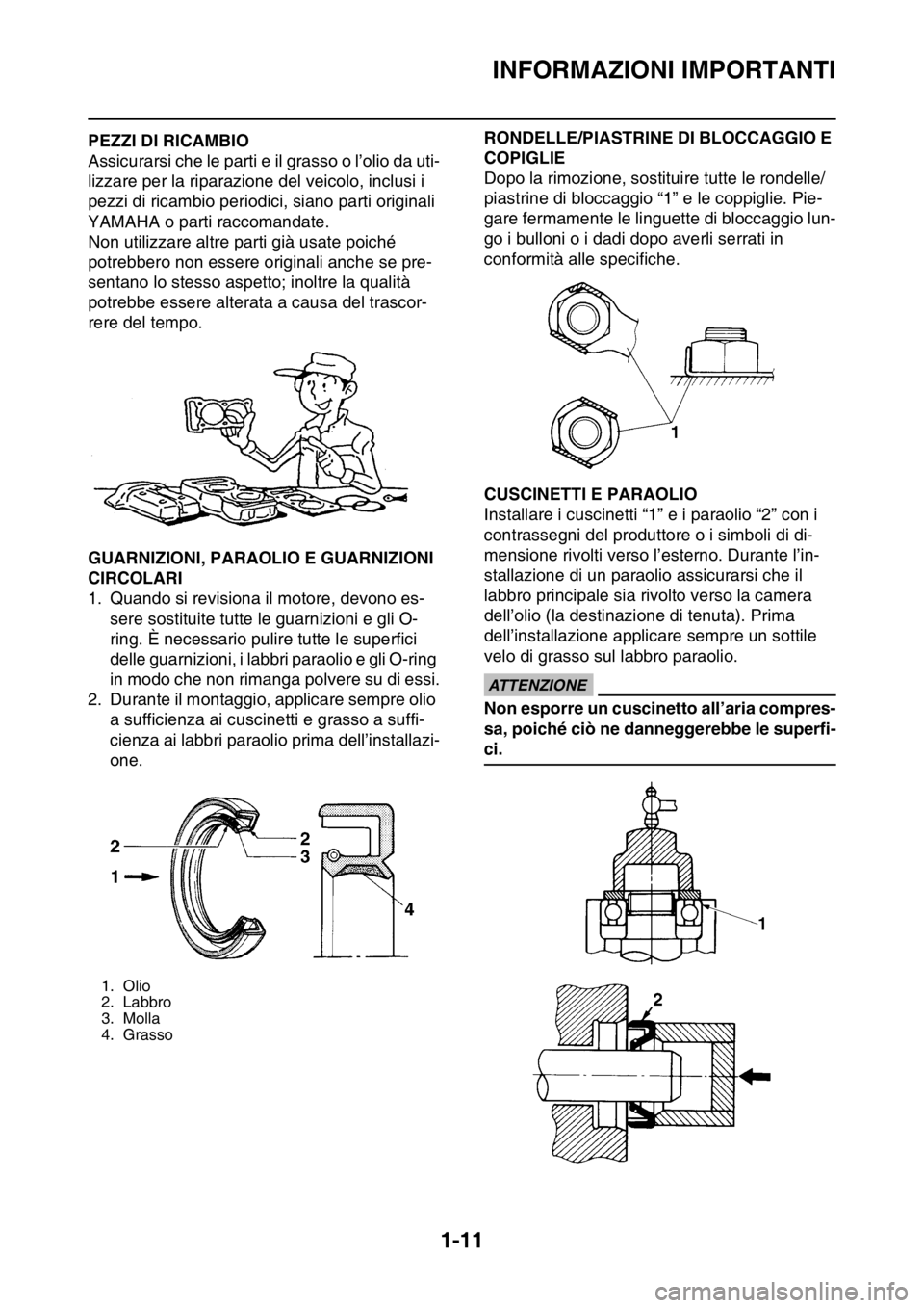 YAMAHA YZ250F 2015  Manuale duso (in Italian) INFORMAZIONI IMPORTANTI
1-11
HAS1SM5024PEZZI DI RICAMBIO
Assicurarsi che le parti e il grasso o l’olio da uti-
lizzare per la riparazione del veicolo, inclusi i 
pezzi di ricambio periodici, siano p YAMAHA YZ250F 2015  Manuale duso (in Italian) INFORMAZIONI IMPORTANTI
1-11
HAS1SM5024PEZZI DI RICAMBIO
Assicurarsi che le parti e il grasso o l’olio da uti-
lizzare per la riparazione del veicolo, inclusi i 
pezzi di ricambio periodici, siano p